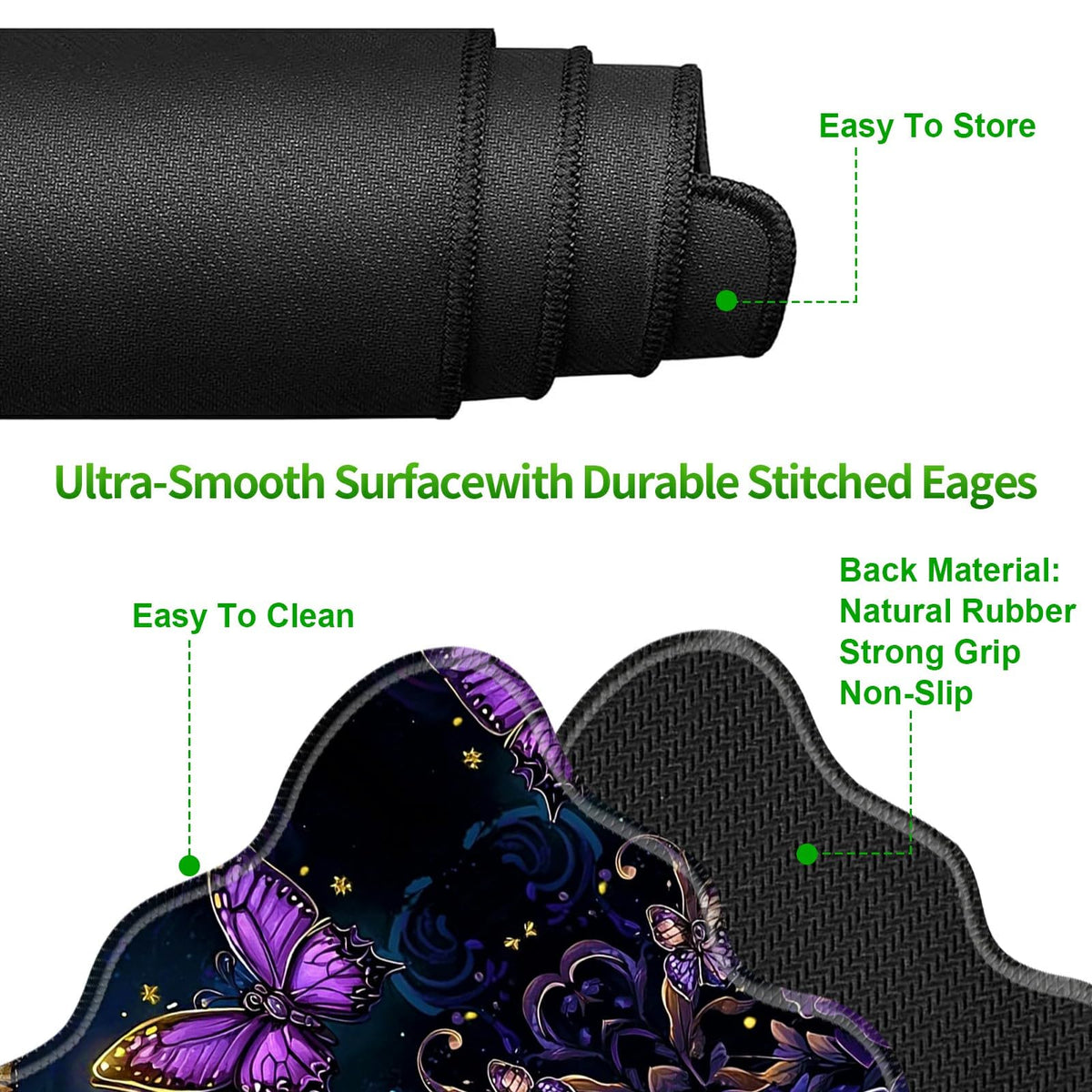 RWUTYTIUL 3-Piece Ergonomic Desk Mat & Cloud Wrist Rest Set, Large 31.5" x 11.8" Wave Office Desk Pad with Memory Foam Support Non-Slip Computer Protector for Home, Gaming, Purple Butterfly Cross