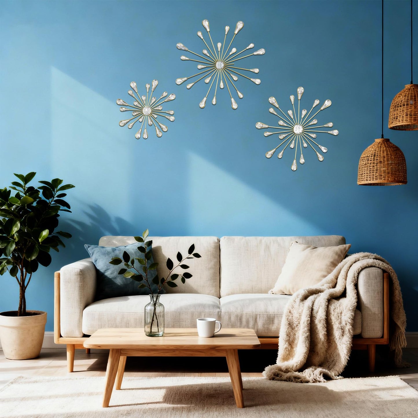 PEDOBALI 5 Pcs Starburst Wall Decor Radial Metal Artwork Gold Bling Wall Art Crystal Teardrop Modern Accent Sculptures Decorations 3D Hanging Rhinestone for Office Home Living Room Bedroom