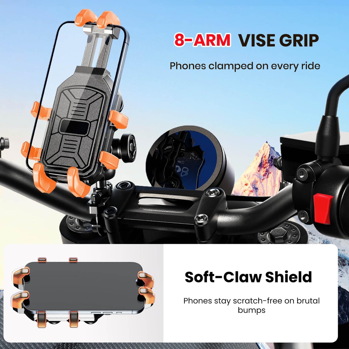 Thlevel Motorcycle Phone Mount Holder with Vibration Dampener Anti-Shake 720° Adjustable for iPhone 16 Pro Max for Samsung 5.4''-6.9'' Phone Anti-Theft Dirt Bikes(U Shape Base 0.6-1.1" Handlebar)
