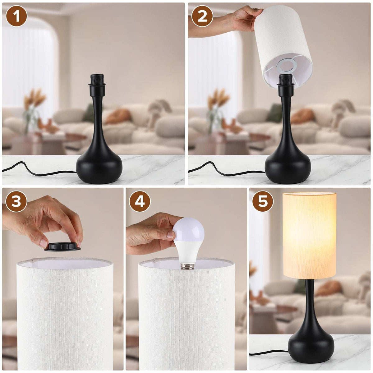 LEDIKON Mid Century Modern Droplet Table Lamp,Touch Control & 3-Way Dimmable,No Assembly Required Cylinder Shade,Black Vintage Farmhouse Bedside Lamp for Bedroom,Nightstand,Living Room,Office