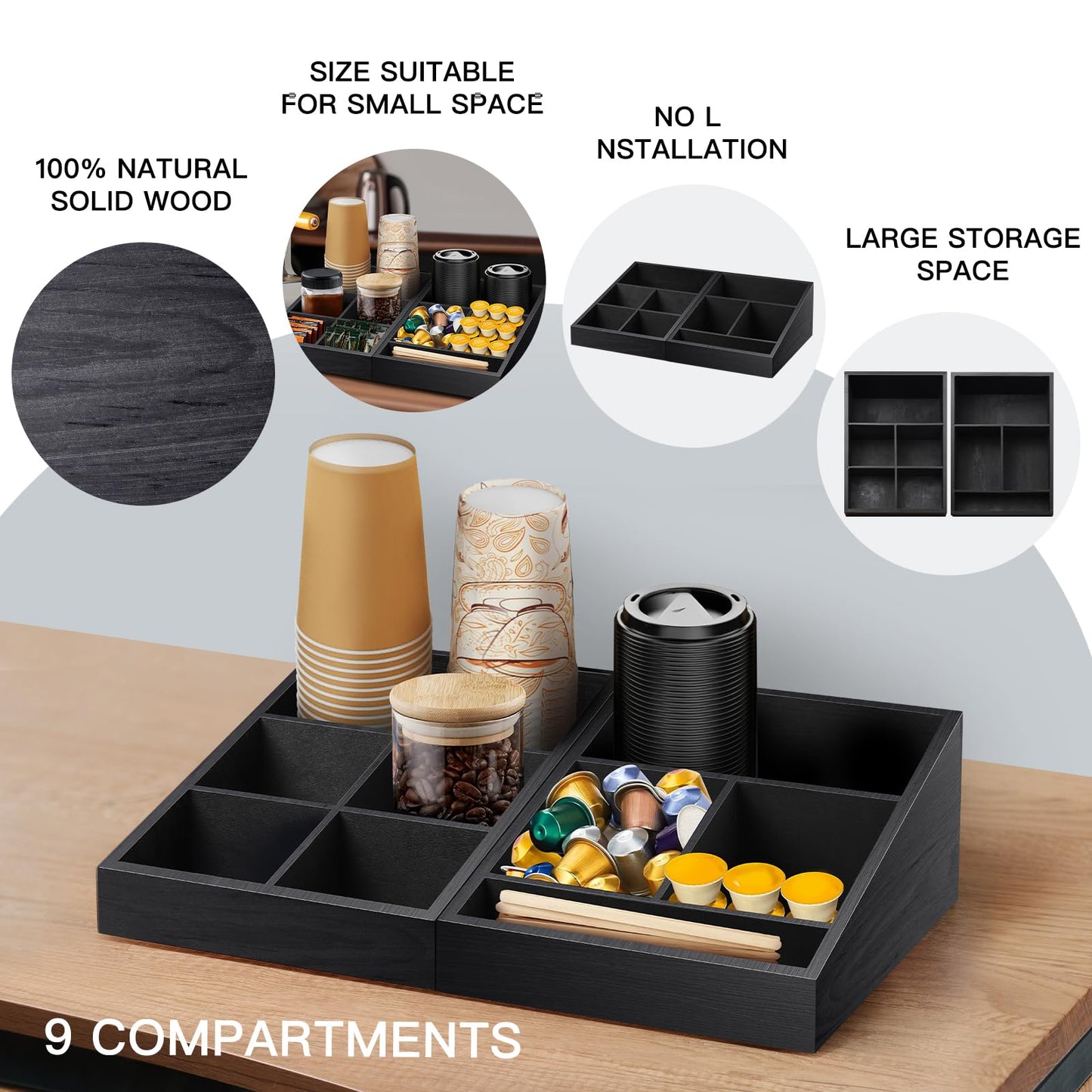 MINCORD Coffee Station Organizer Coffee Condiment Service Tray with 9 Compartment for Counter, Wood Coffee Bar Supplies Organizer for Home Office Breakroom Two-in-One Black