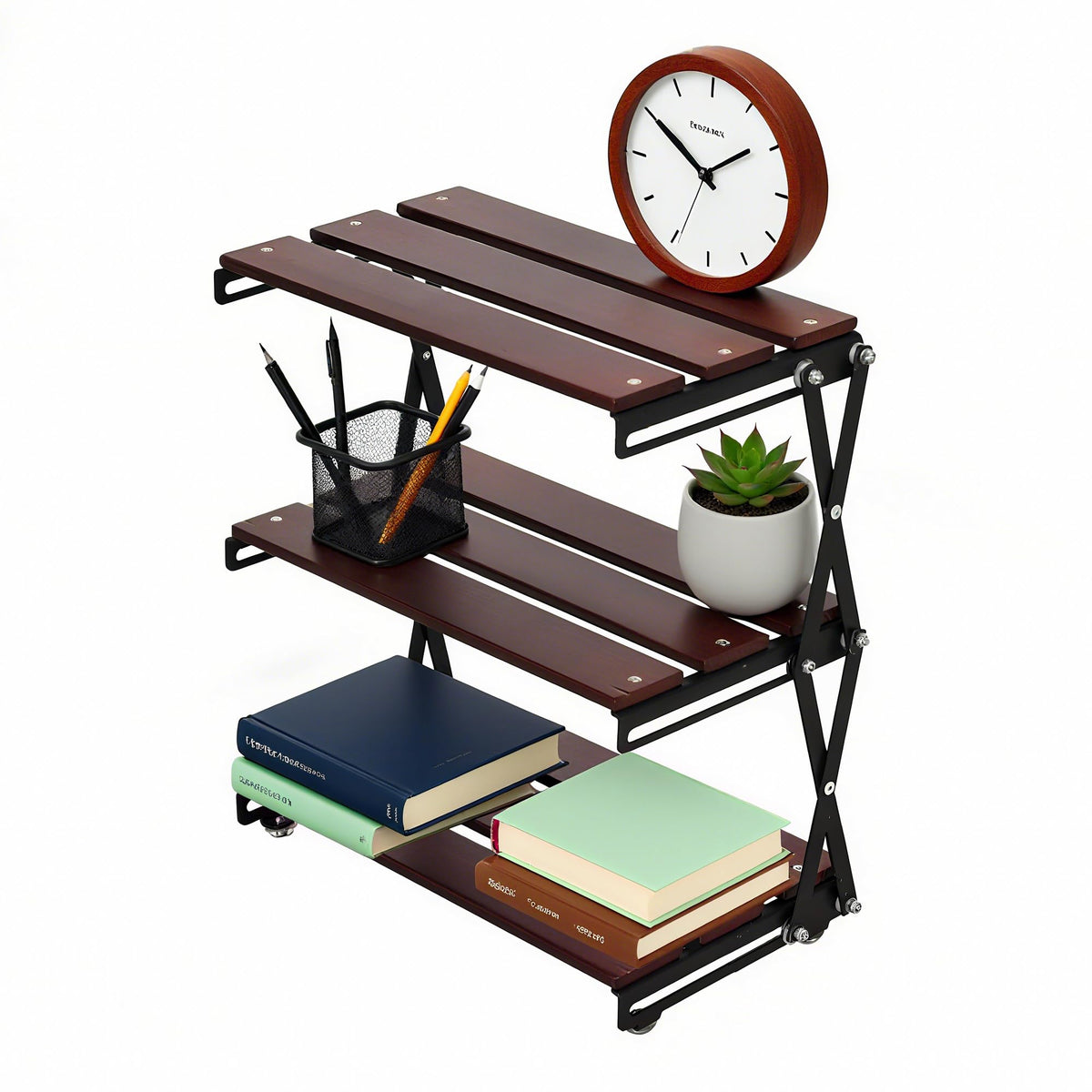 TlaroRiz Desk Shelf Organizer 3 Tiers Wood Compact Desk Organizer Storage Rack Metal Frame Office Desk Shelf Organizers,Walnut