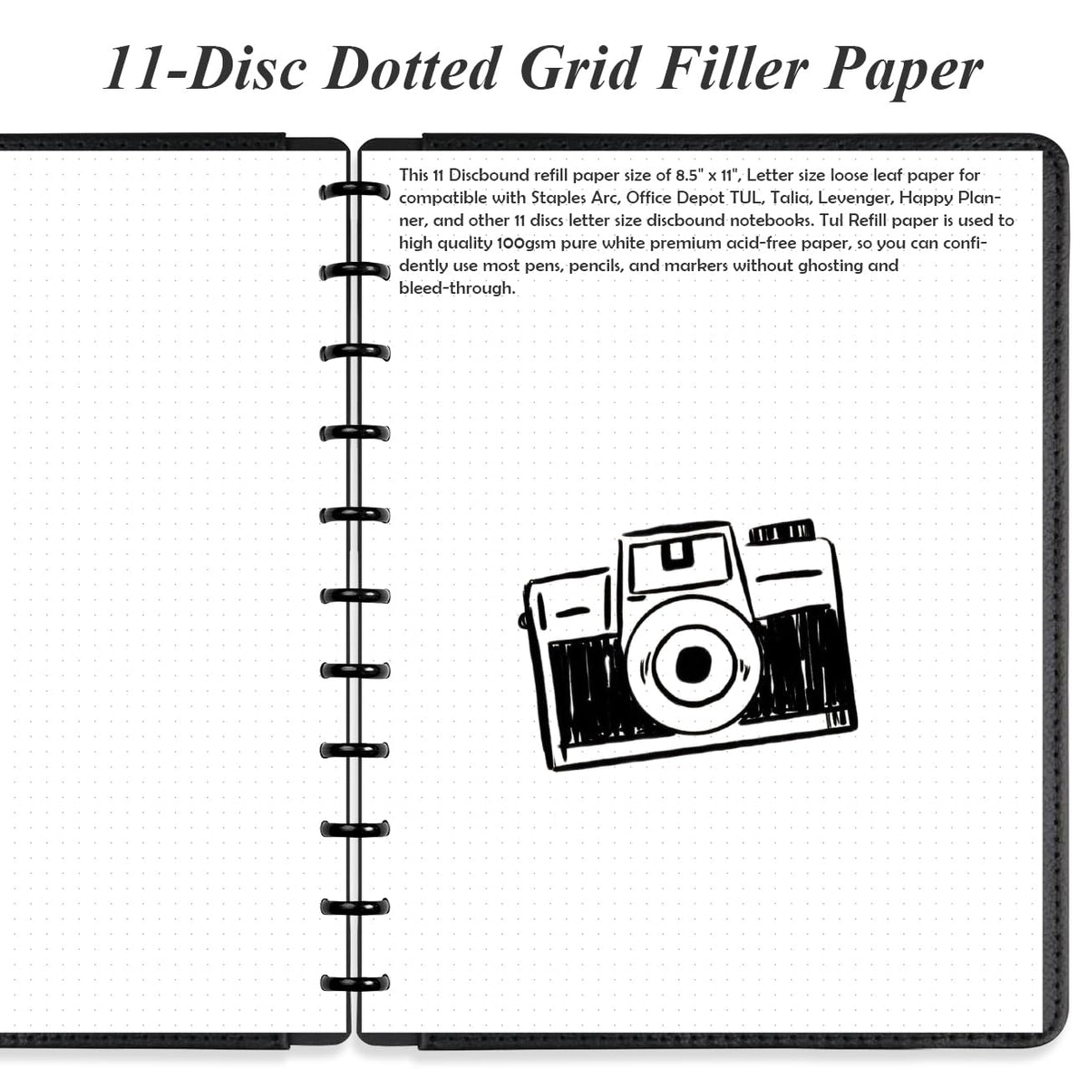 (3-Pack) A4 TUL Discbound Dotted Refills, 11-Disc Dot Grid Filler Paper, 300Sheets / 600Pages Loose-Leaf Paper, 100gsm White Paper, 8.5'' x 11''