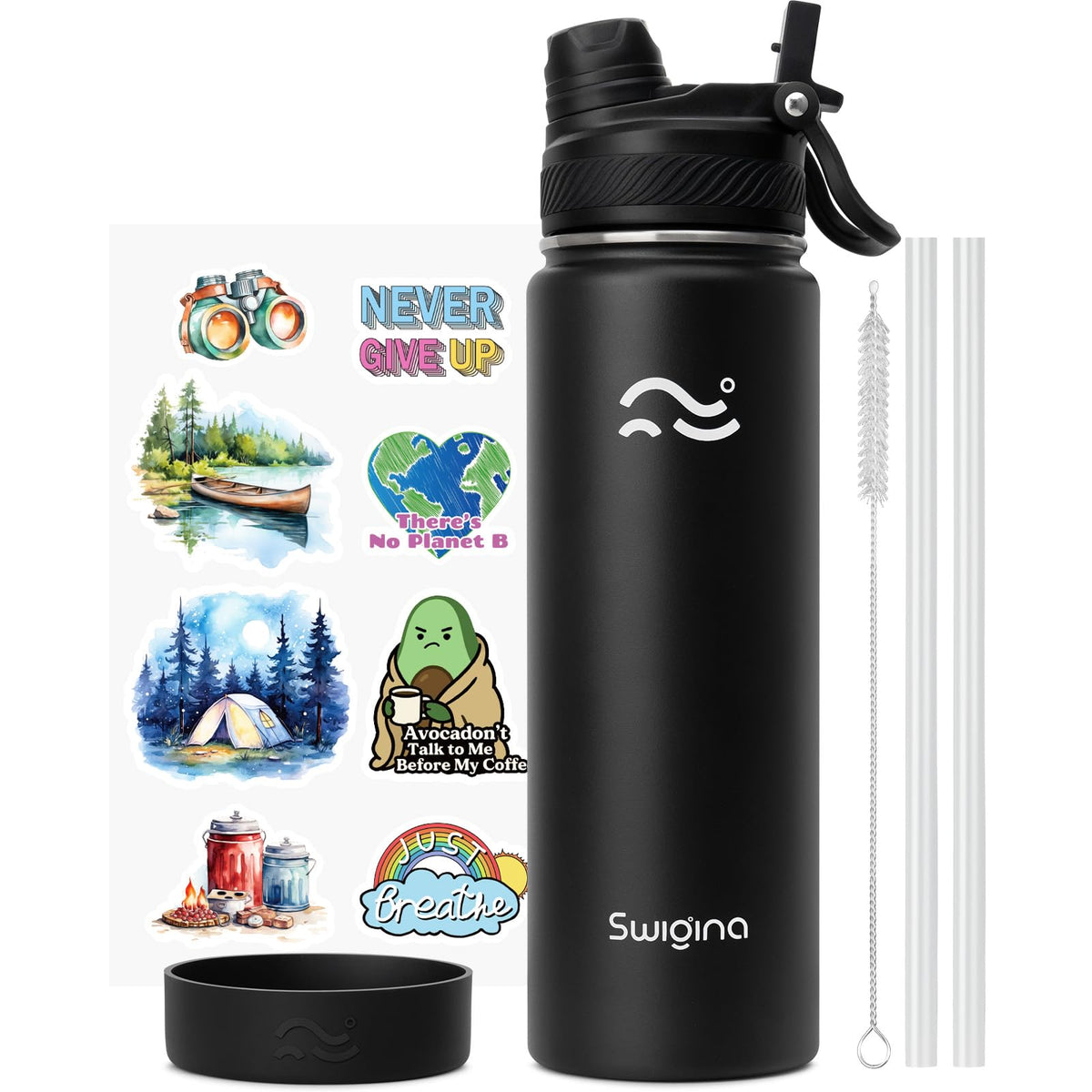 Swigina [2-IN-1 LID] Insulated Water Bottle with Silicone Boot (36hrs Cold/18hrs Hot) - DIY Stickers, Leakproof, BPA Free, Black, 24 oz