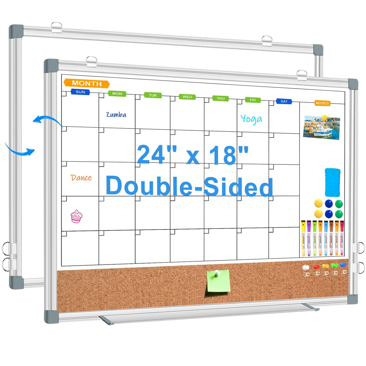 CALENBO Calendar Whiteboard Corkboard Combination for Wall, Double-Sided 24" x 18" Monthly Whiteboard Calendar and Dry Erase Board for Office, Kitchen, Planning, Memo, School, Home