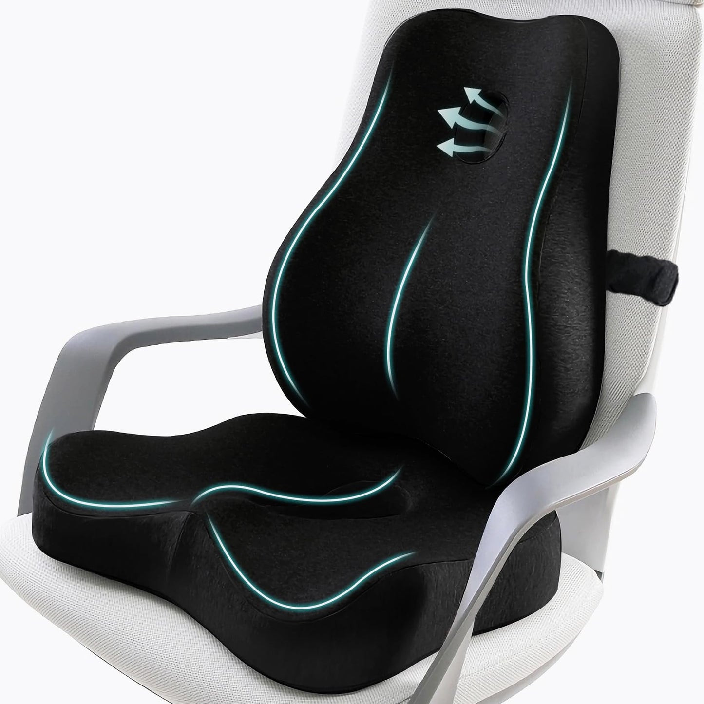 JIPORIER Seat Cushion & Lumbar Support Pillow for Office Chair,Memory Foam Chair Cushions for Tailbone Pain, Non-Slip Back Support for Desk,Gaming Chair,Wheelchair, Breathable & Machine Washable