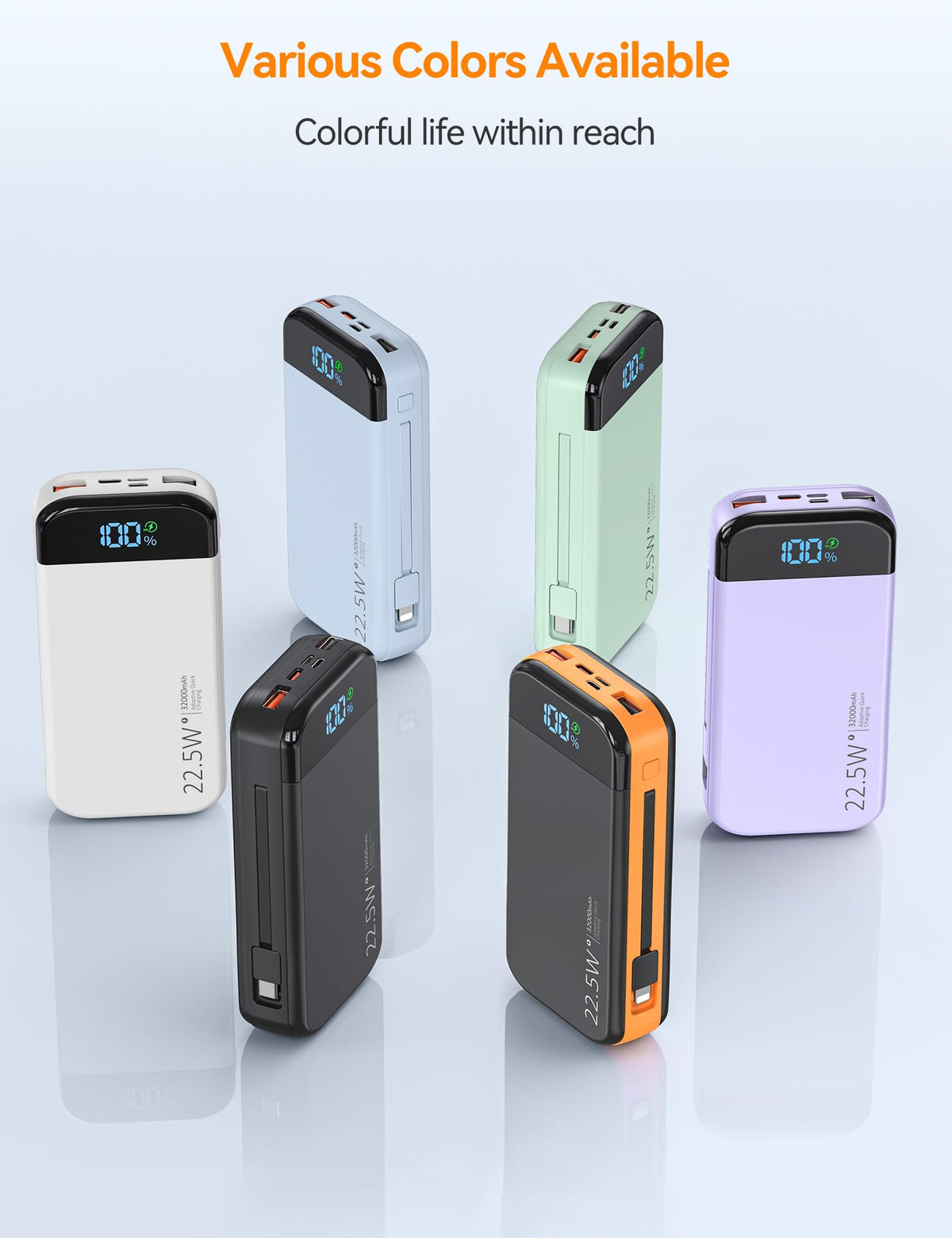 LENGSUM Portable Charger Power Bank Built-in Cables, 32000mAh 22.5W USB C Fast Charging, 5 Outputs 3 Inputs Travel Essentials Battery Pack Compatible with iPhone, iPad, Samsung, Google Pixel, Orange