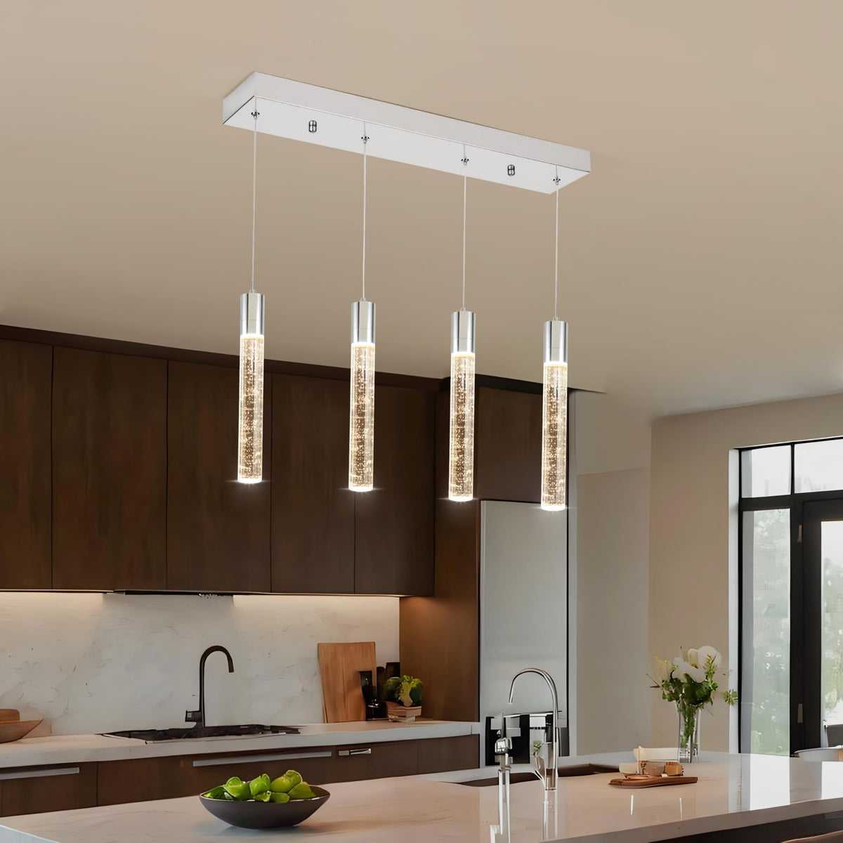 votag 4 Light Pendant Lights Kitchen Island, Modern Chrome Crystal Pendants with Dimmable 3000K-6000K LED Ceiling Hanging Light Fixture for Dining Room Bedroom, Adjustable Height 59"
