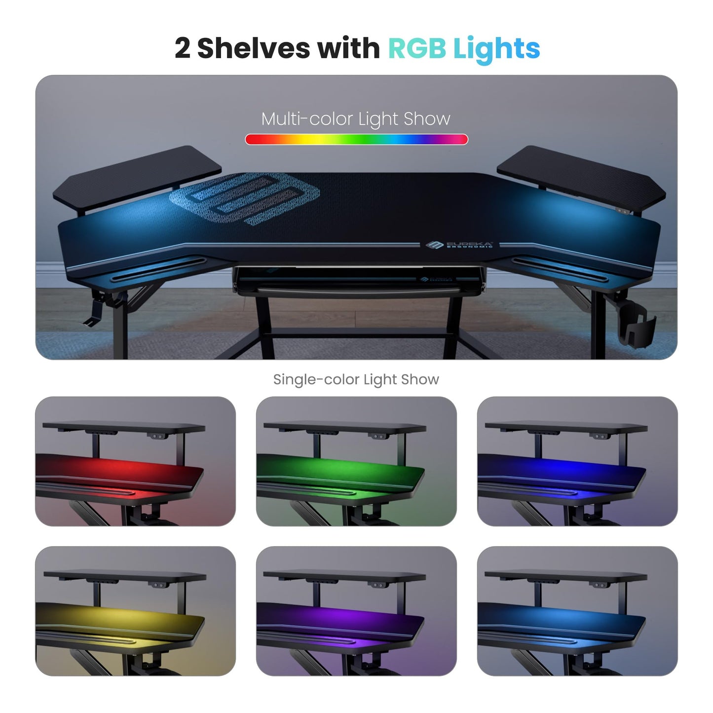 EUREKA ERGONOMIC Aero 72 Inch Gaming Desk with Keyboard Tray, Large Computer Desk Led Lights, Wing-Shaped Monitor Stand Dual Headphone Hanger Cup Holder for Studio,Streamer,Live,Black