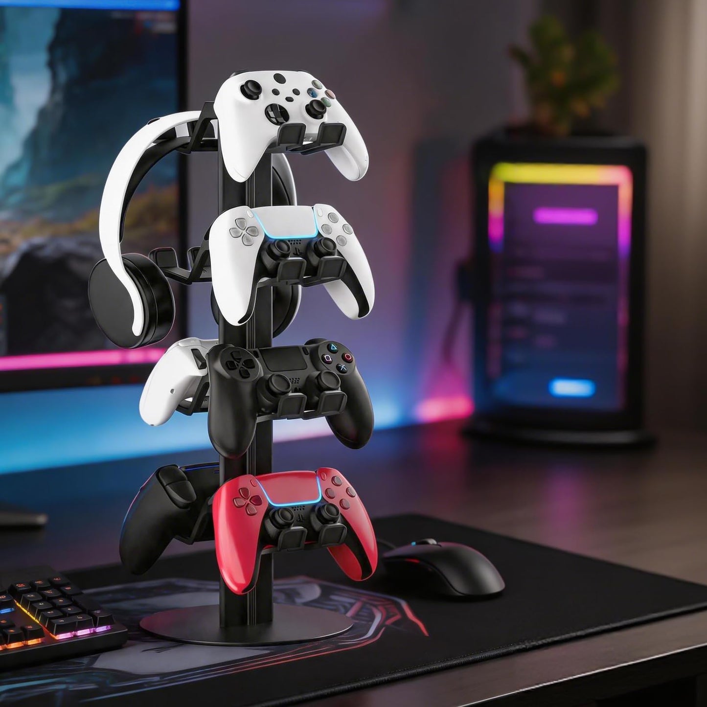 ZYTHRONE 4-Tier Game Controller Holder and Headphone Stand Aluminum Alloy for Desk Compatible with X-Box, PS5, PS4, and N-Switch Headset Holder for 8 Controllers