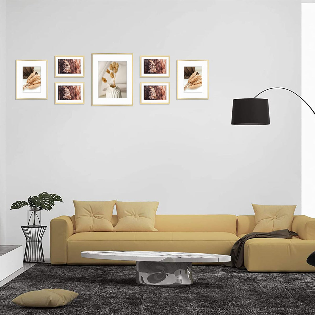 Golden State Art, Aluminum Gallery Wall Frame Set of 7 - Includes One 11x14, Two 8x10, and Four 5x7 - Metal Frames with Mat & Real Glass Cover for Elegant Home or Office Decor (Style 2, Gold)