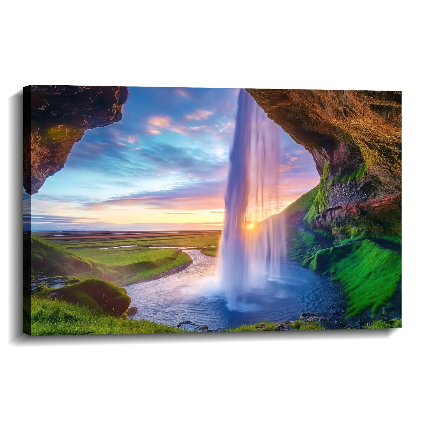 Landscape Canvas Wall Art Waterfall Pool at Sunset Picture Nature Scenery Painting Rustic Landscape Prints for Living Room Bedroom Bathroom Home Office Decor Framed(Nature-7,12.00"x18.00")