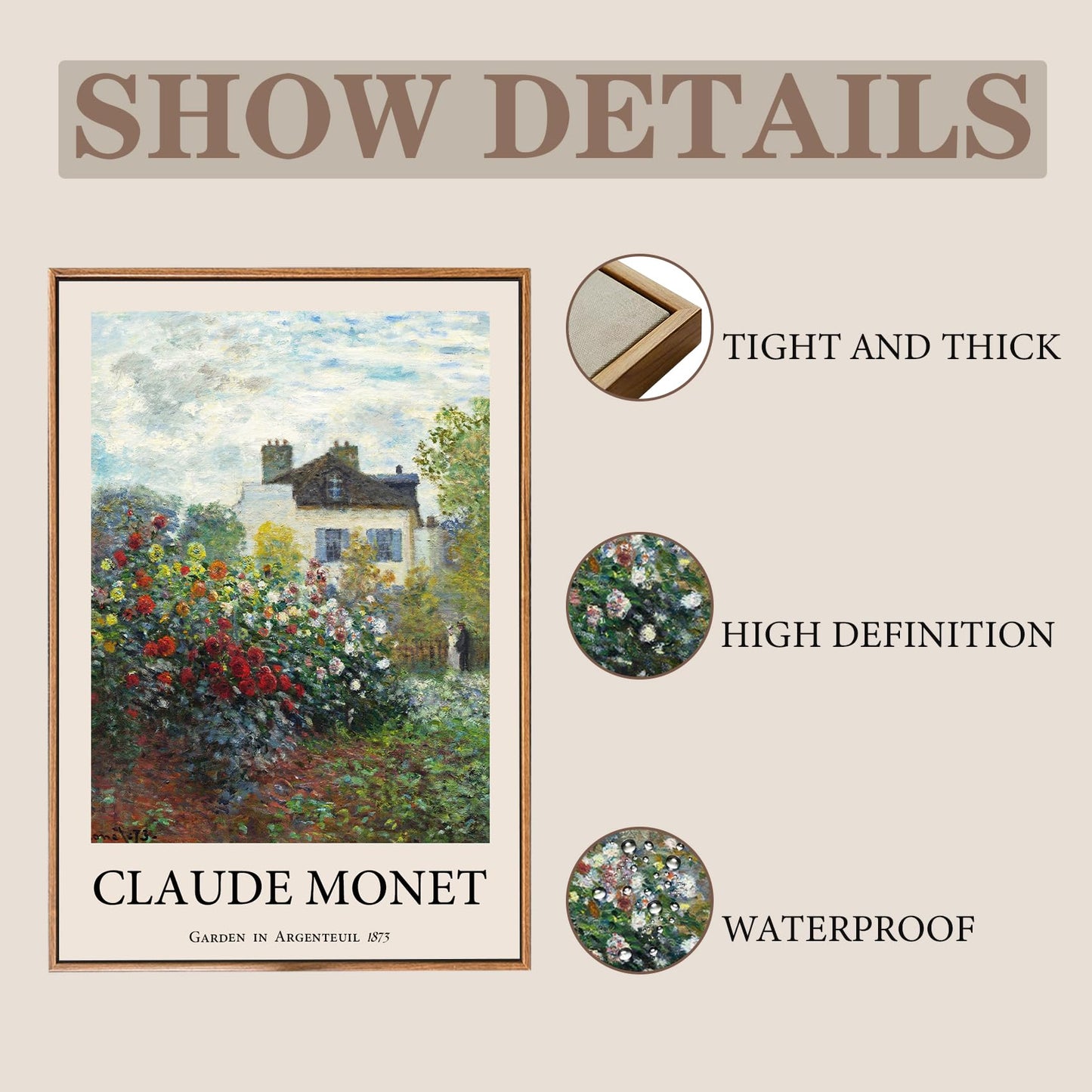 LARAGE Claude Monet Framed Canvas Wall Art,Garden in Argenteuil Famous Oil Painting Pictures,Impressionist Famous Reproductions Artwork for Living Room Office Classroom Wall Decor -12x16in