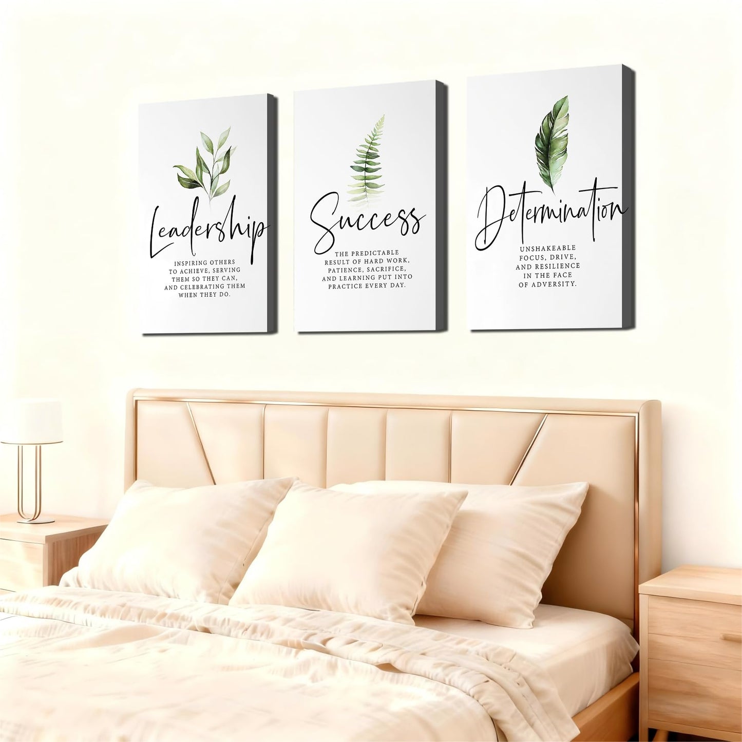 Set of 3 Framed Canvas Art - Motivational Office Wall Decor, Leadership/Success Quotes with Leaves, Inspirational Prints for Bedroom, Framed Positive Vibe Wall Art