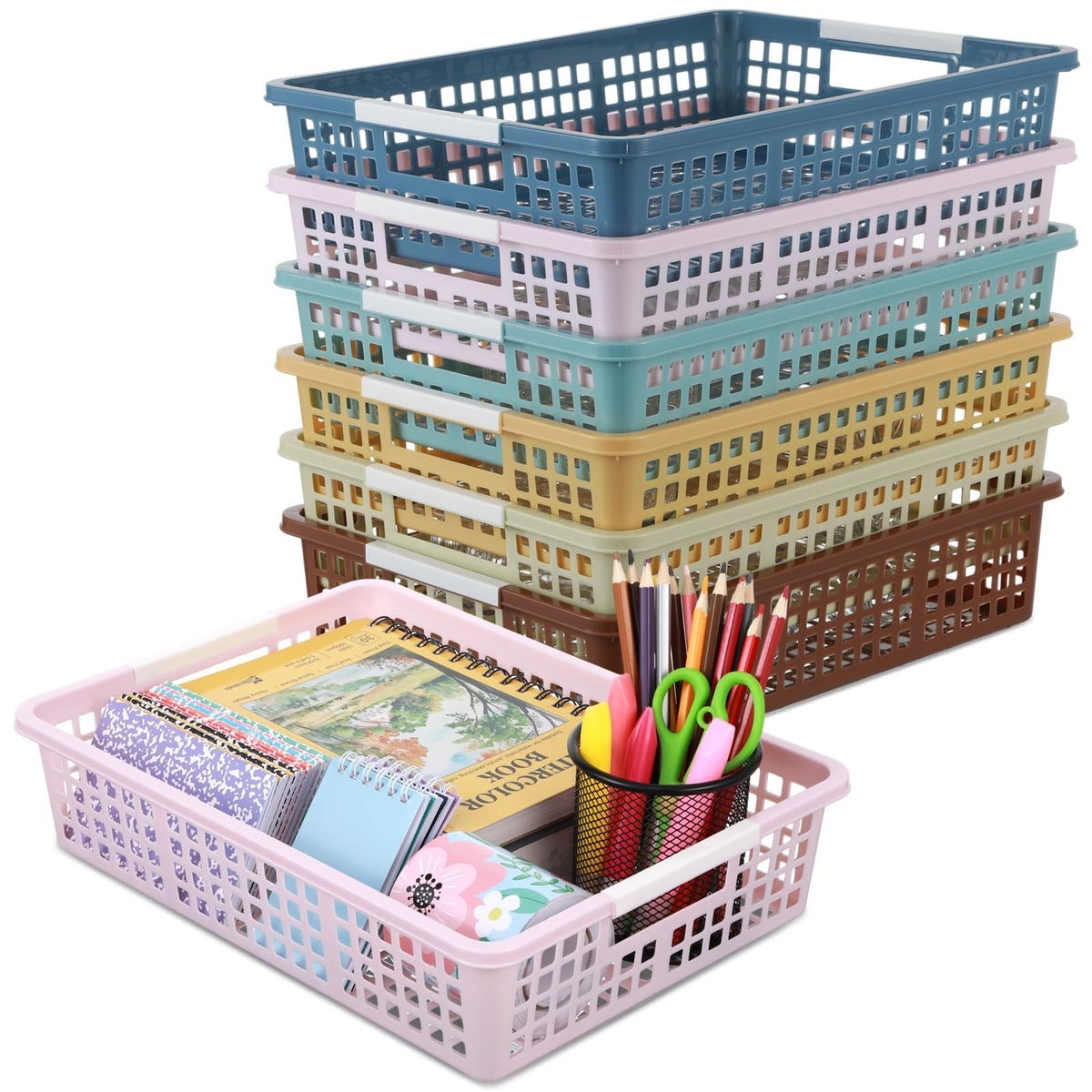 gisgfim 6 Pack Plastic Turn in Paper Trays for Classroom Storage Bin Basket Organizers for School Teacher Supplies Classroom Office Home Organization and Storage Tray Holds 4A Paper File (Retro)