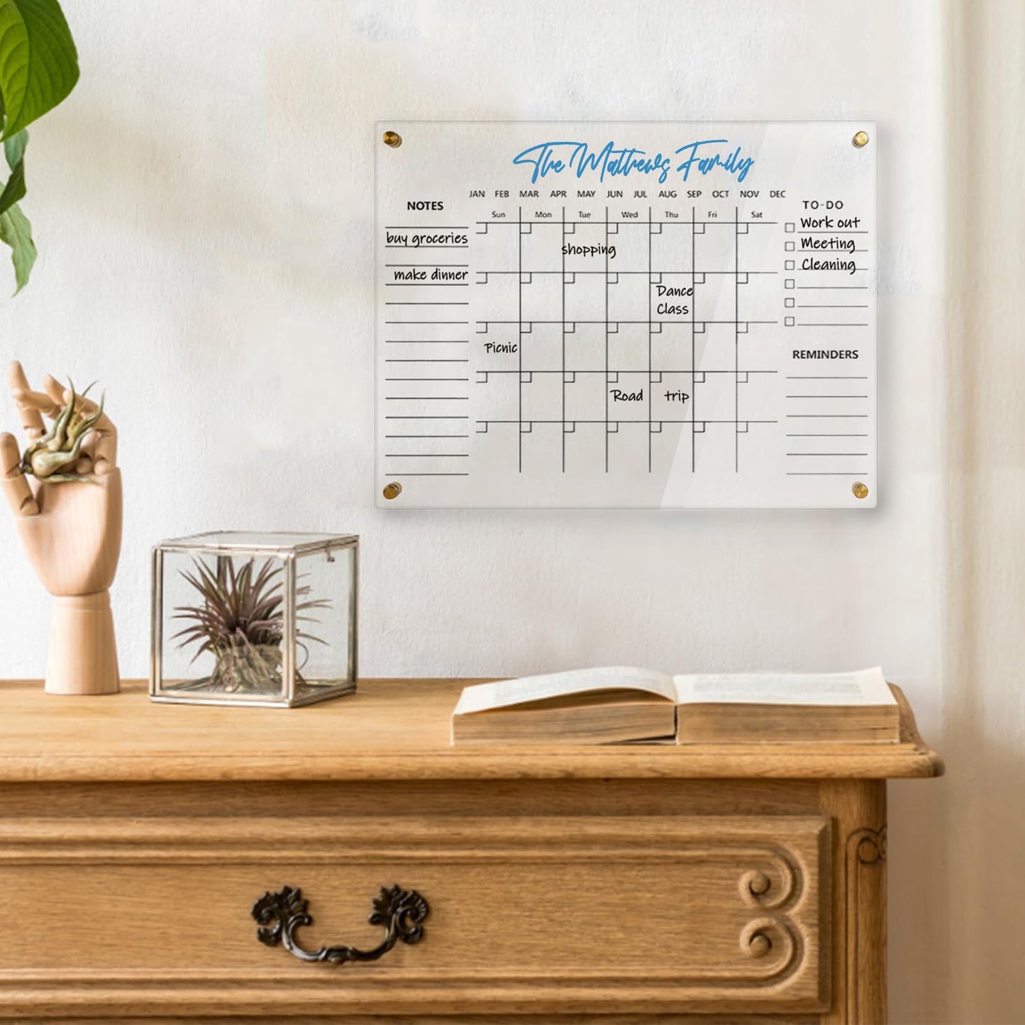 Clear Acrylic Calendar Dry Erase for Wall, Family Planner, Monthly Calendar Dry Erase Whiteboard for Home, Office, 17" x 13"Reusable White Board（Clear-3343）