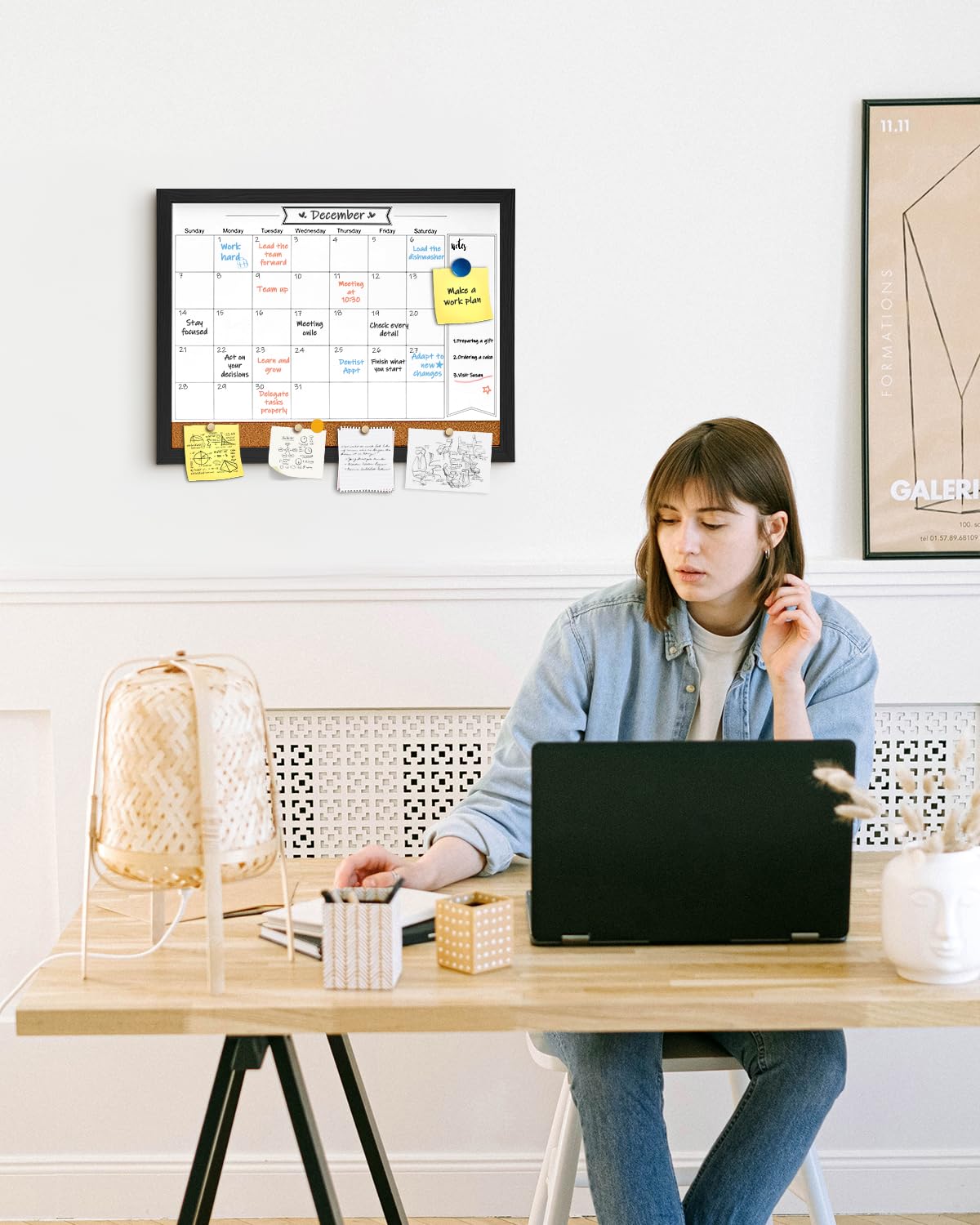 Dry Erase Calendar Whiteboard for Wall, Magnetic 13" x 17" Combination Dry Erase Board & Bulletin Board, 2in1 White Board Cork Board Combo(Black)