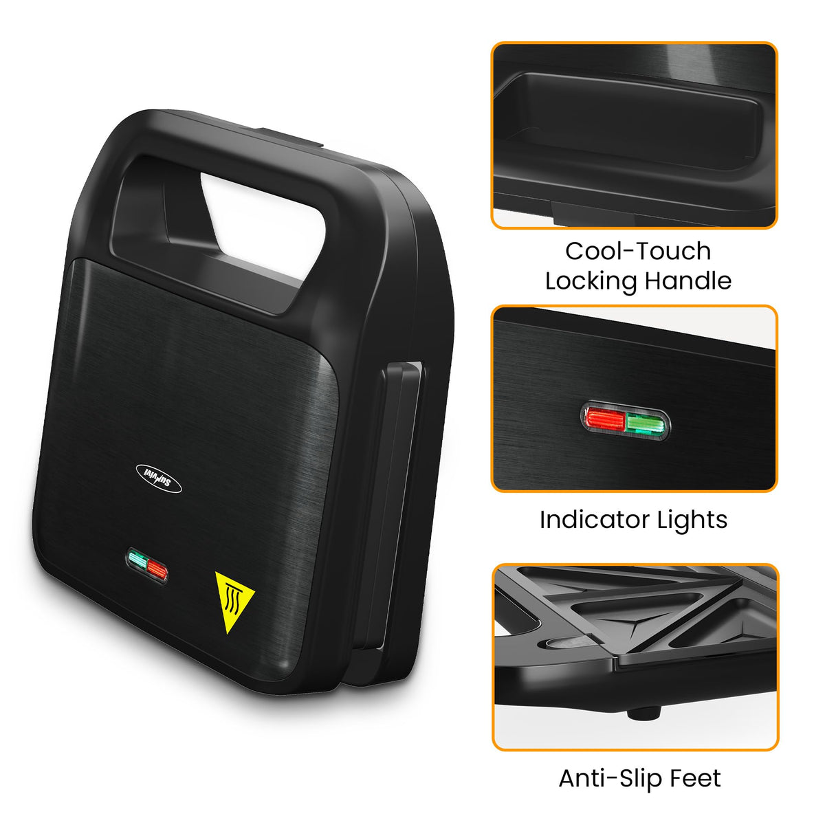 Sunvivi Sandwich Maker Panini Press: Waffle Maker with Removable Plates, 3 in 1 Sandwich Maker Press with Non-Stick Plates, Indicator Lights & Cool Touch Handle, 750W, Black
