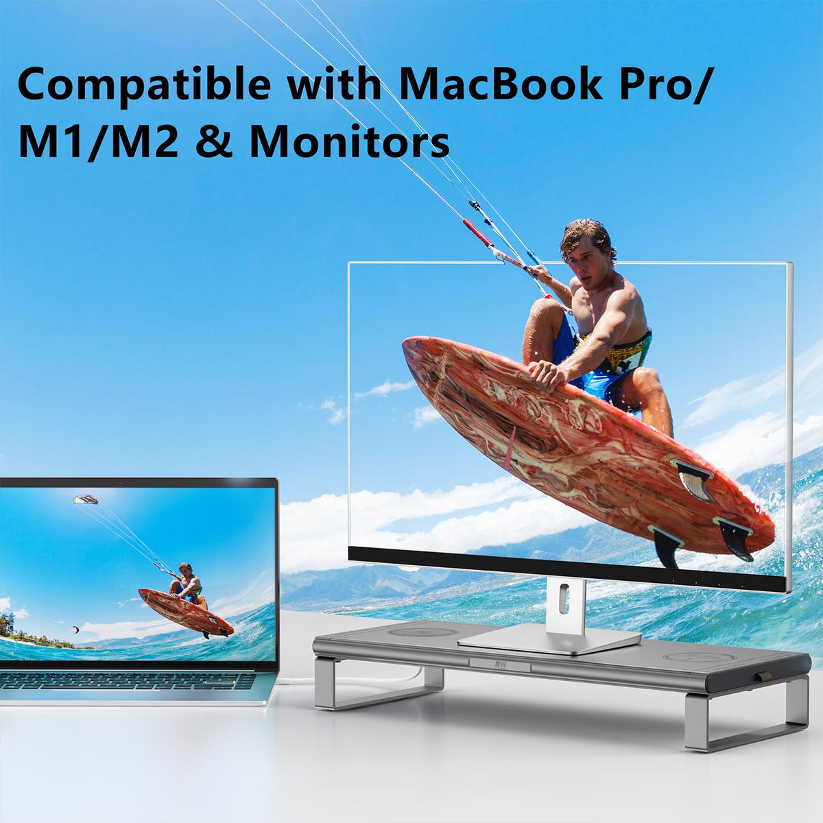 JINRAIKO Monitor Stand with Docking Station, Aluminum Monitor Riser with 6-in-1 Docking Station: 4K HDMI, USB-C, USB 3.0, PD 100W, Wireless Charging,Metal Desk Stand with Storage-Silver Gray