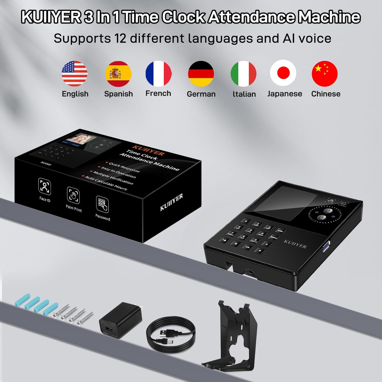 KUIIYER 3 in 1 Employees Time Clocks for Small Business (Face + Palm Print + Password) Employee Clock in & Out Machine Biometric Attendance Punch Clock Recorder Tracker (No Monthly Fee)