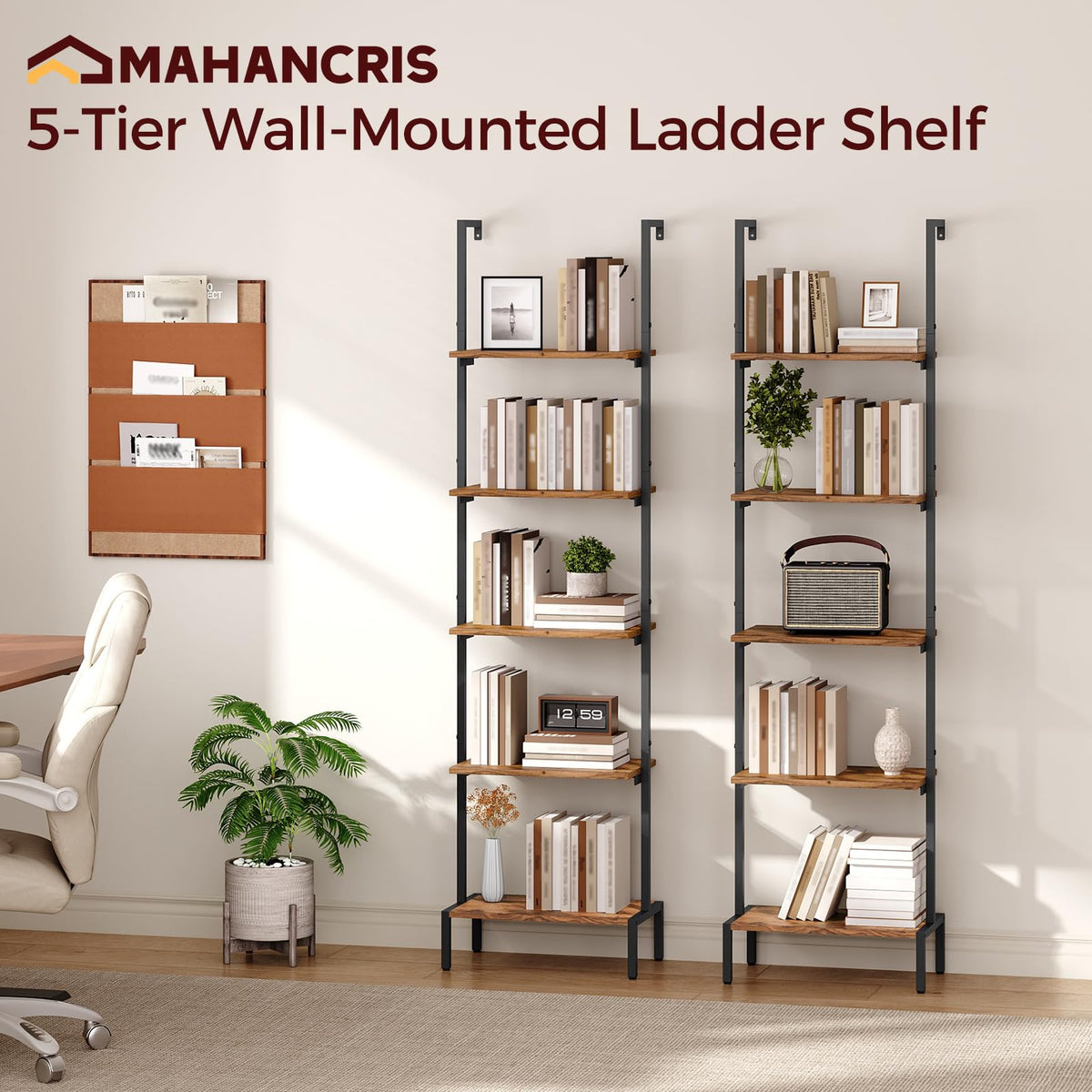 MAHANCRIS Ladder Shelf, 5-Tier Bookshelf, Ladder Bookcase with Wall Mount, Heavy Duty Industrial Style Storage Rack for Living Room, Office, Kitchen, Bedroom, Rustic Brown and Black LSHR5501