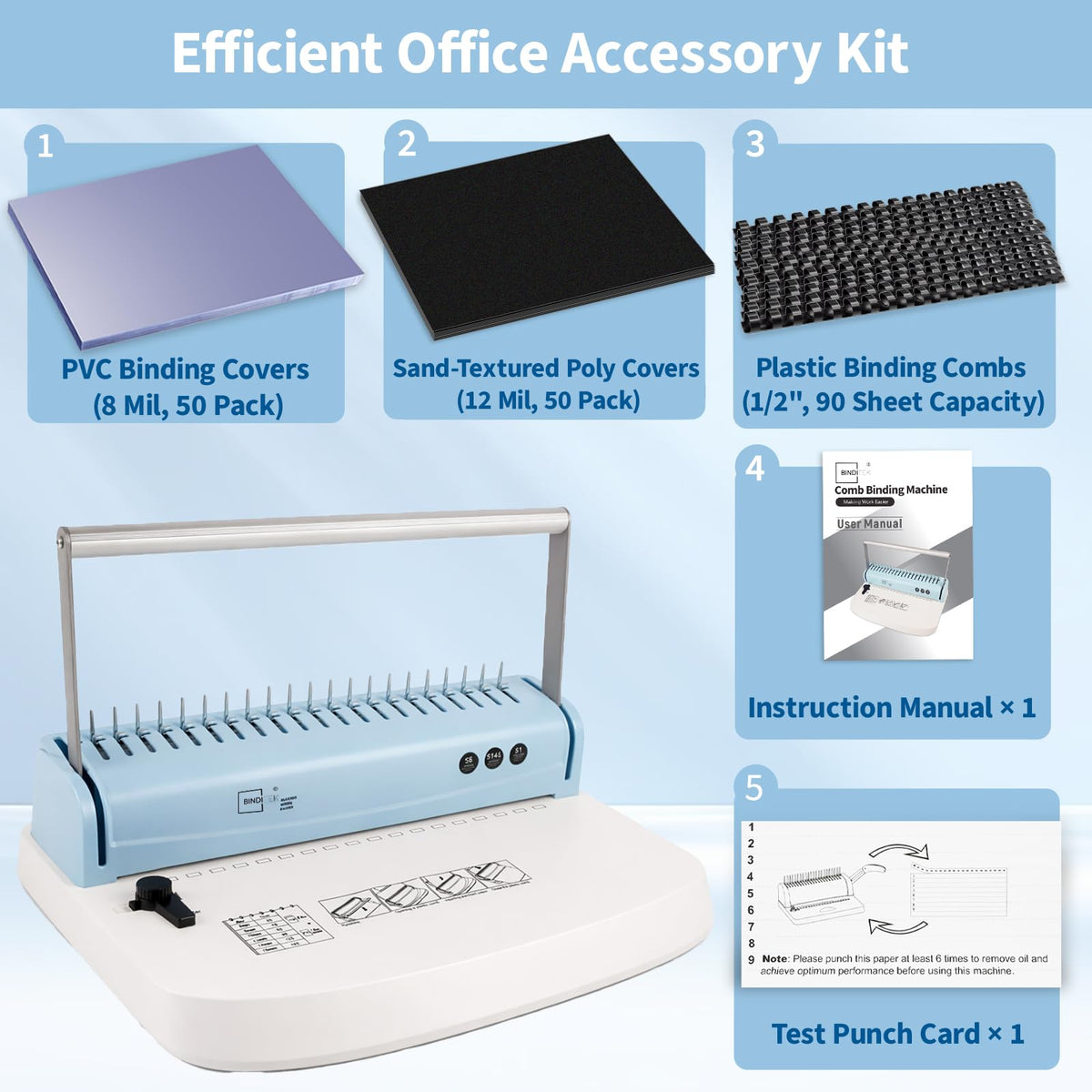 Binditek Binding Machine, 19-Hole, 145 Sheets, Comb Binding Machines with 50 PVC Binding Covers (8Mil), 50 Sand-Textured Polycovers (12Mil) and 50 PCS 1/2" Binding Combs, for Letter Size, Fixed Margin