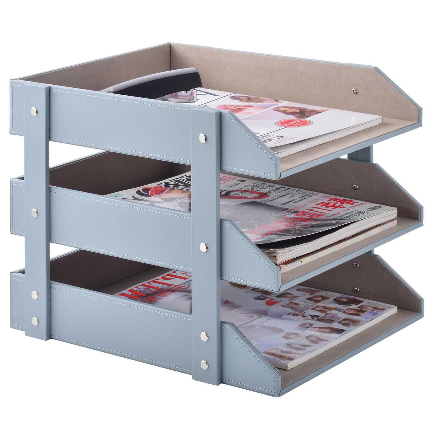 Leather Desk Organize Holder,3-Layer Stackable Letter Tray,Used to Store documents,Folders,Stationery,Magazines,Paper,and Other Home Office Supplies,Desk File Rack (Grey)