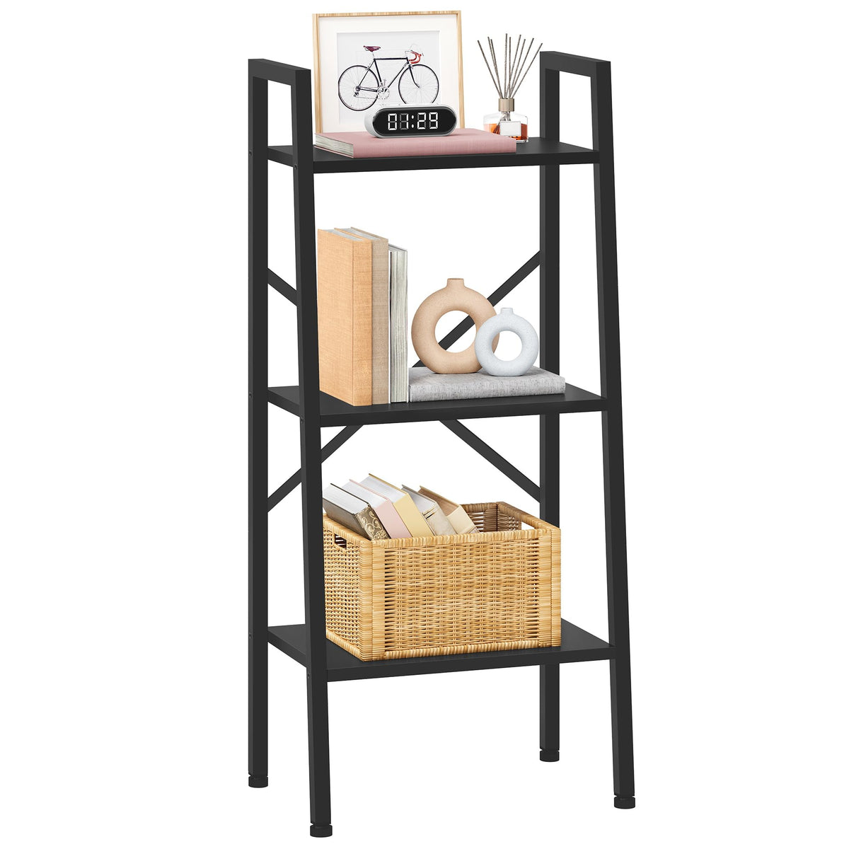 Hoctieon 3-Tier Industrial Ladder Bookshelf, Narrow Ladder Shelf, Tall Standing Bookshelf, Skinny Open Ladder Shelf, for Living Room, Home Office, Kitchen, Bedroom, Metal Frame, Black
