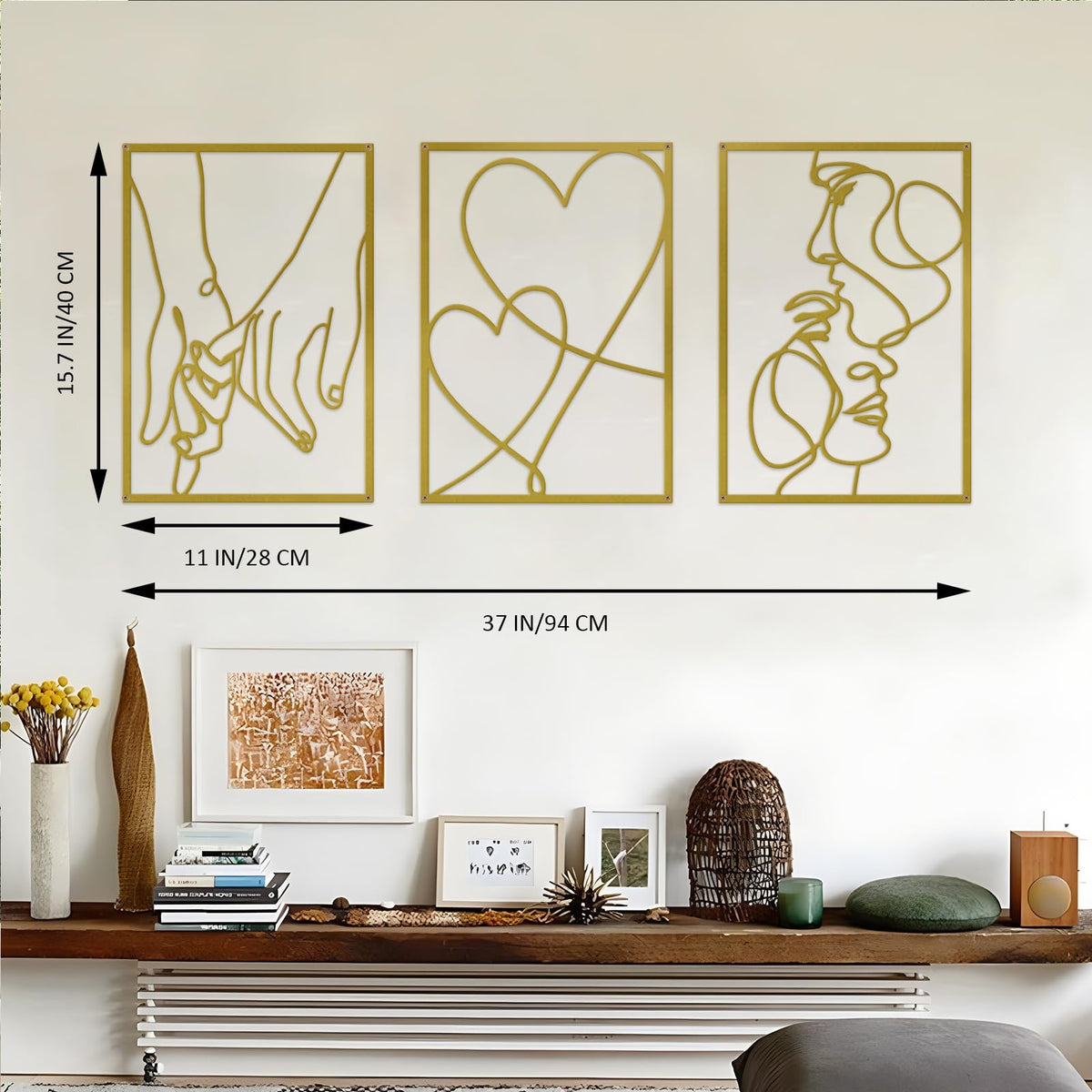 ESTART 3 Pieces Metal Minimalist Line Wall Art, Valentine's Day Lover Kiss Hand Metal Wall Decor, Aesthetic Modern Home Hanging Wall Art Decor for Bedroom Bathroom Living Room (Gold)