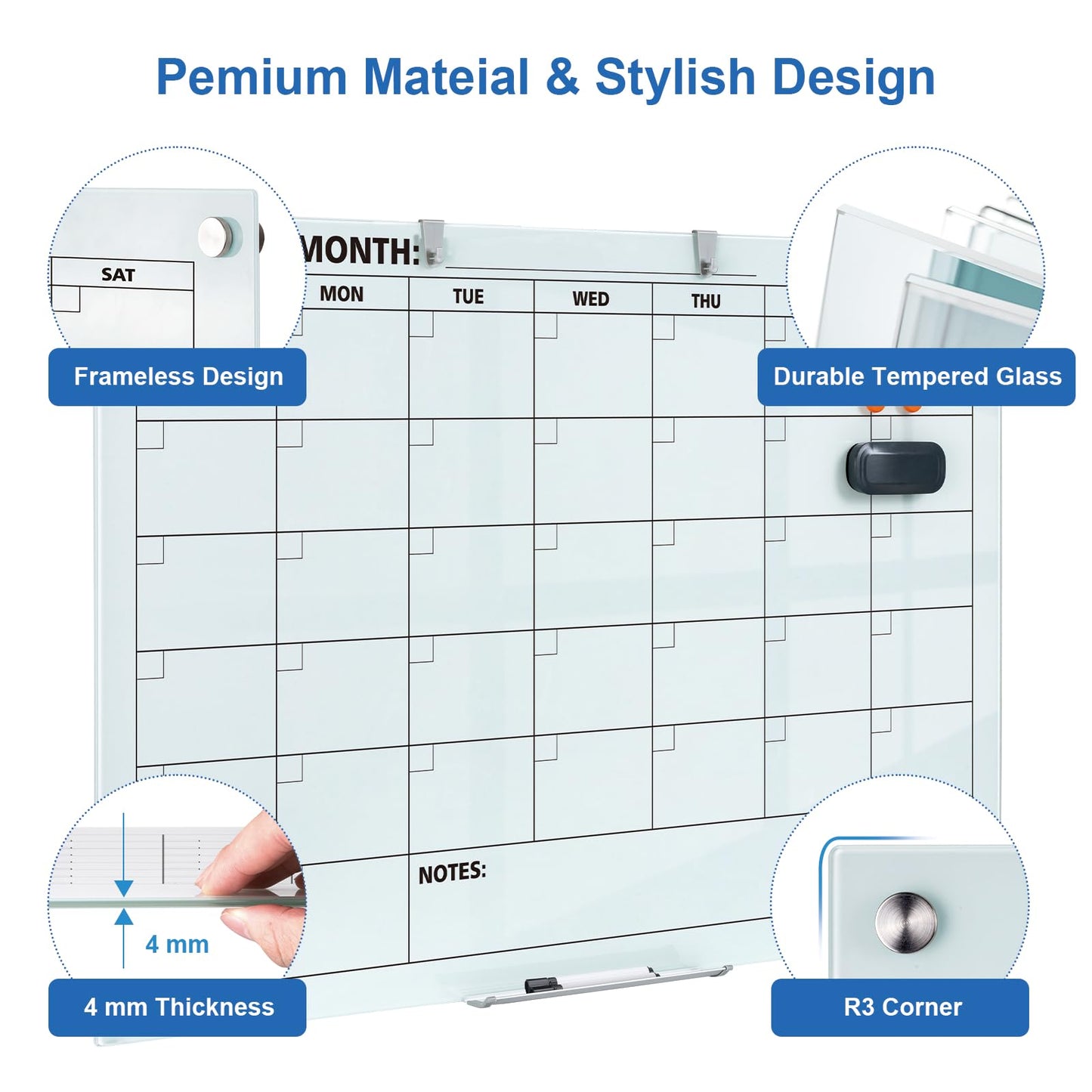 Glass Dry Erase Calendar for Wall, 48 x 36 Inches Magnetic Glass Monthly Calendar Whiteboard, 4' x 3' Frameless Planner Board for Office, Home, School