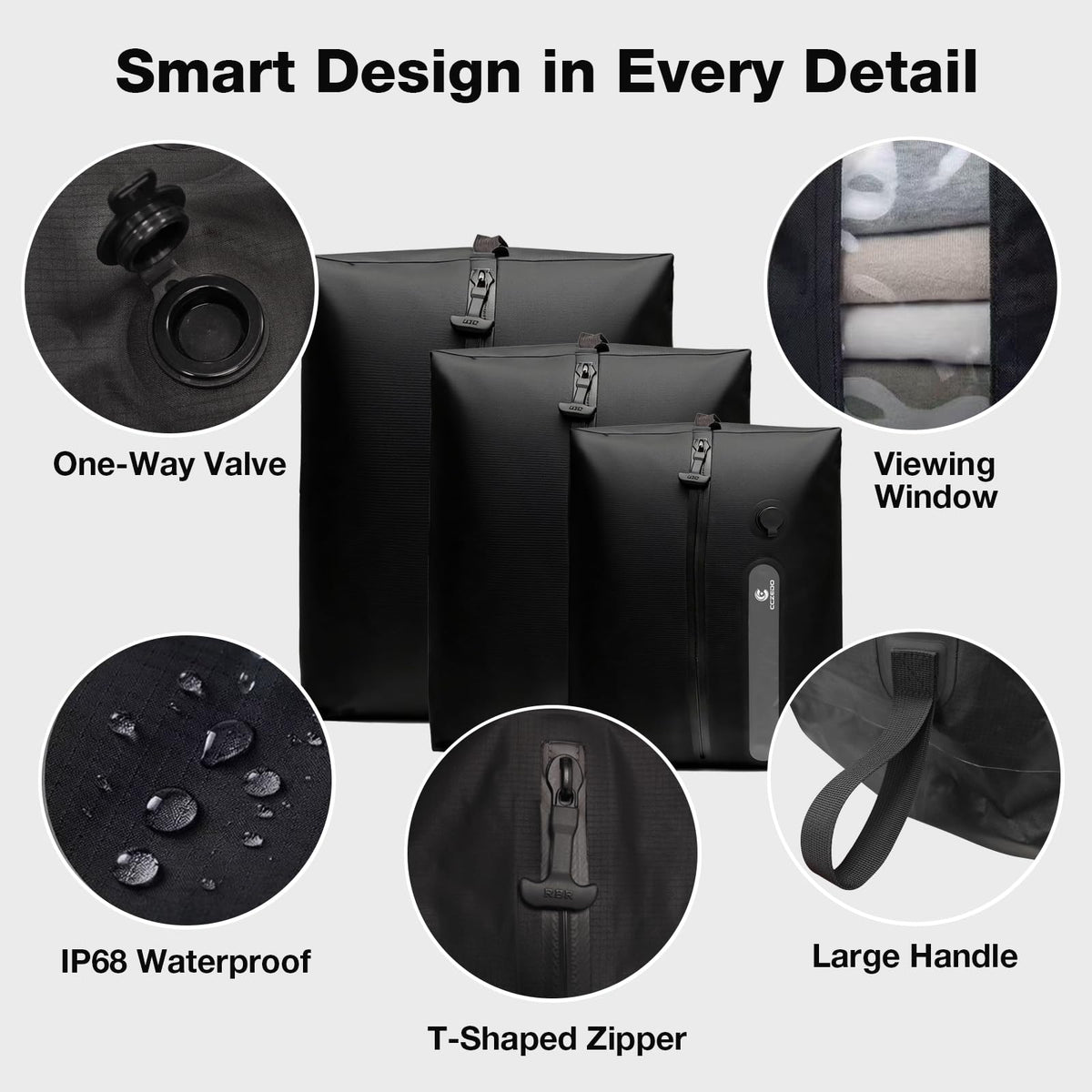 Travel Vacuum Storage Bags with Portable Pump, 3 Pcs IP68 Reusable Extra Large Compression Storage Bags, Space Saver for Clothes, Blanket, Comforter, Fits 20-28 Inch Suitcase, Holds Up to 50+ Items