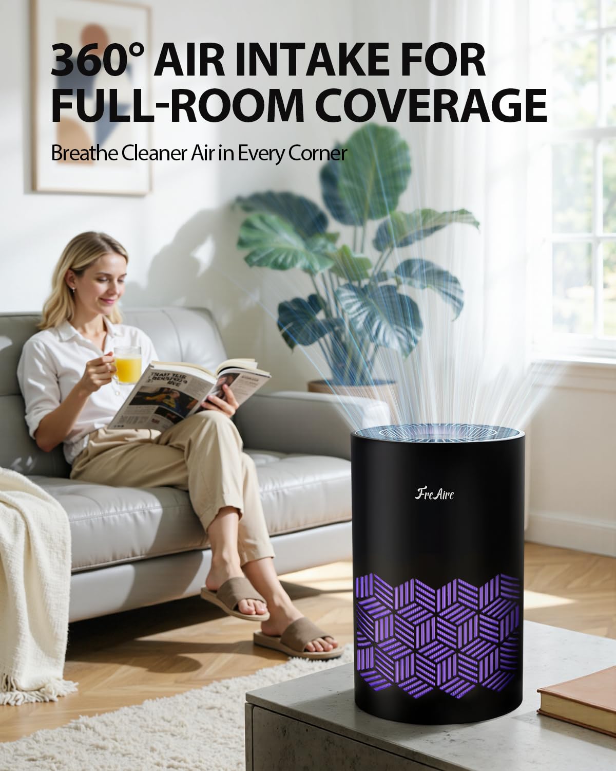 FreAire Air Purifiers for Bedroom Up to 1086 Ft², Air Purifiers for Home with Lights, HEPA Air Purifier Removes Dust Smoke Pollen Dander Smell, for Home/Pets/Bedroom