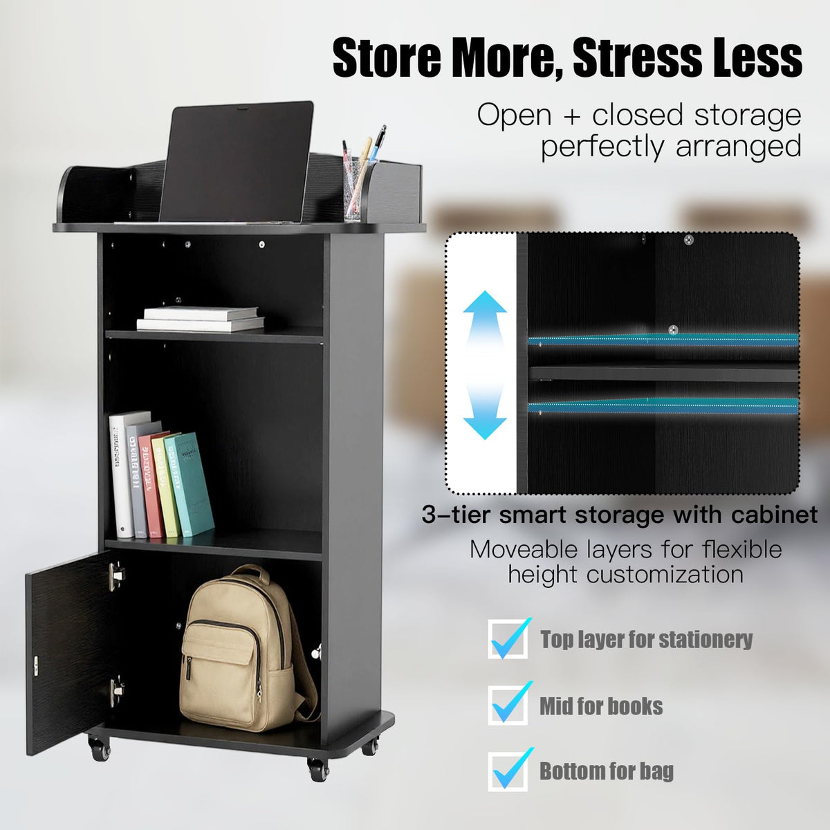 Podium Stand Portable with Wheels, Classroom Lectern for Teacher with Adjustable Storage Shelf, Mobile Rolling Church Pulpits, Office Wooden Reception Desk, Host Stand for School Conference（Black）