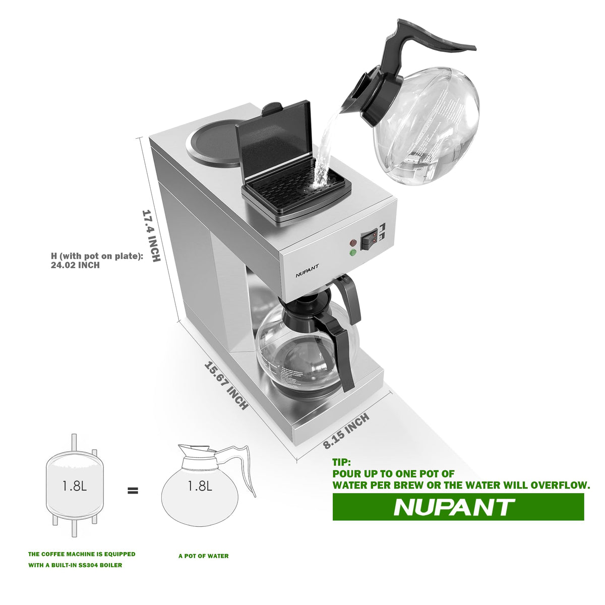 NUPANT 12-Cup Coffee Maker 1.8L Commercial Drip Coffee Maker Pour Over Coffee Machines with 2 Glass Carafes and 2 Warmers Plate Stainless Steel Coffee Brewer for Cofe Bar and Restaurant
