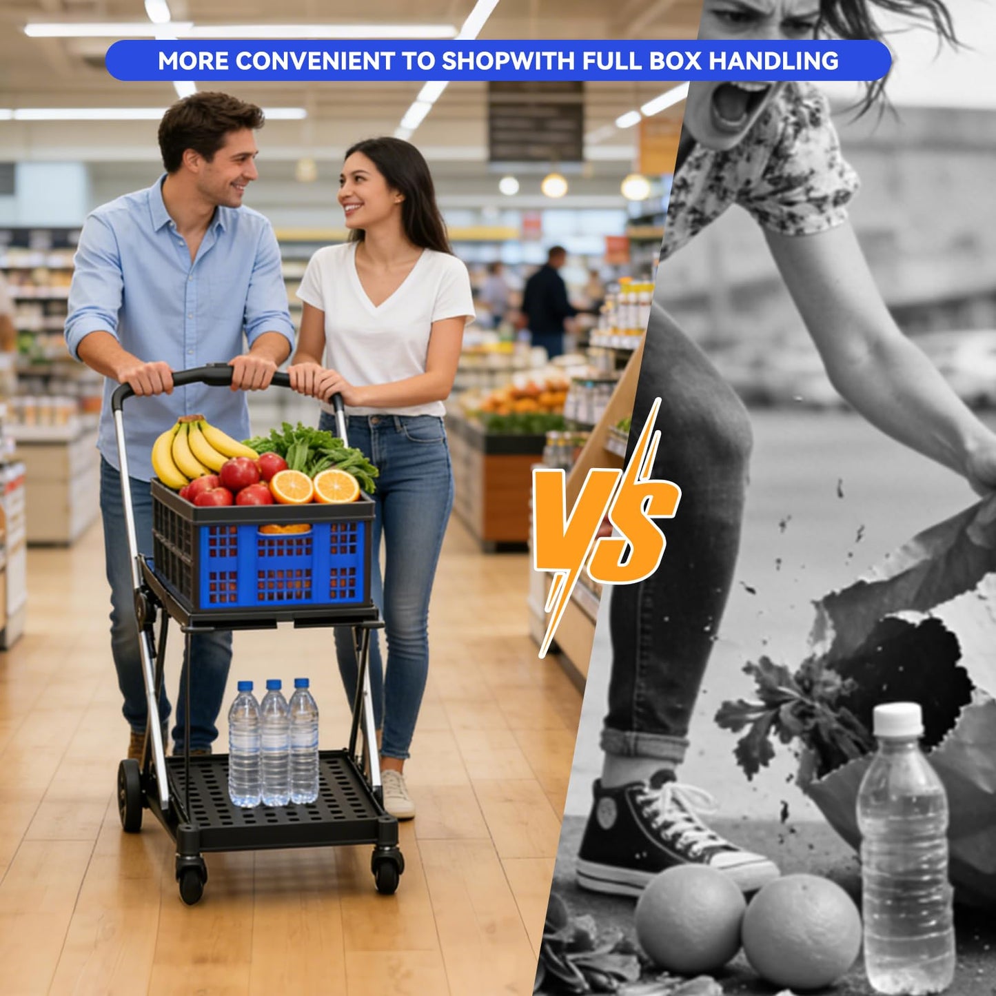 Collapsible Shopping Cart with Wheels,2 Tier Multi Use Foldable Shopping Cart with 2 Storage Crates,Folding Shopping Trolley Utility Cart for Office,Groceries, Warehouse,Supermarket,Picnic (Blue)