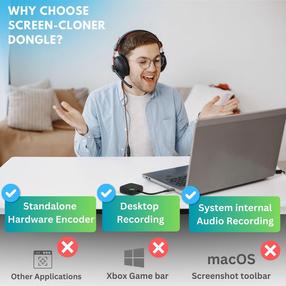 ClonerAlliance Screen-Cloner Dongle, 1080p@60fps Screen Recording with Hardware-Based encoding, capturing All Desktop Content and Audio. Compatible with Windows and Mac.