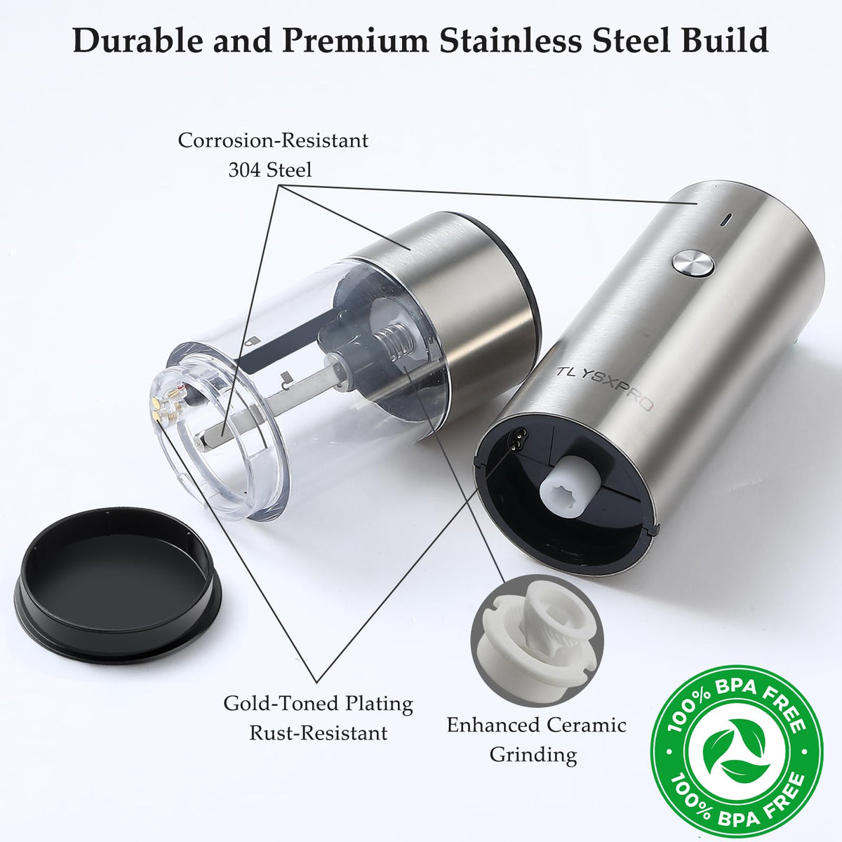 Electric Salt and Pepper Grinder, USB Rechargeable, Automatic Salt and Pepper Shaker, Adjustable Coarseness, Electric Pepper Mill, LED Light, Refillable, Kitchen Gadget (1-Pack, Stainless Steel)