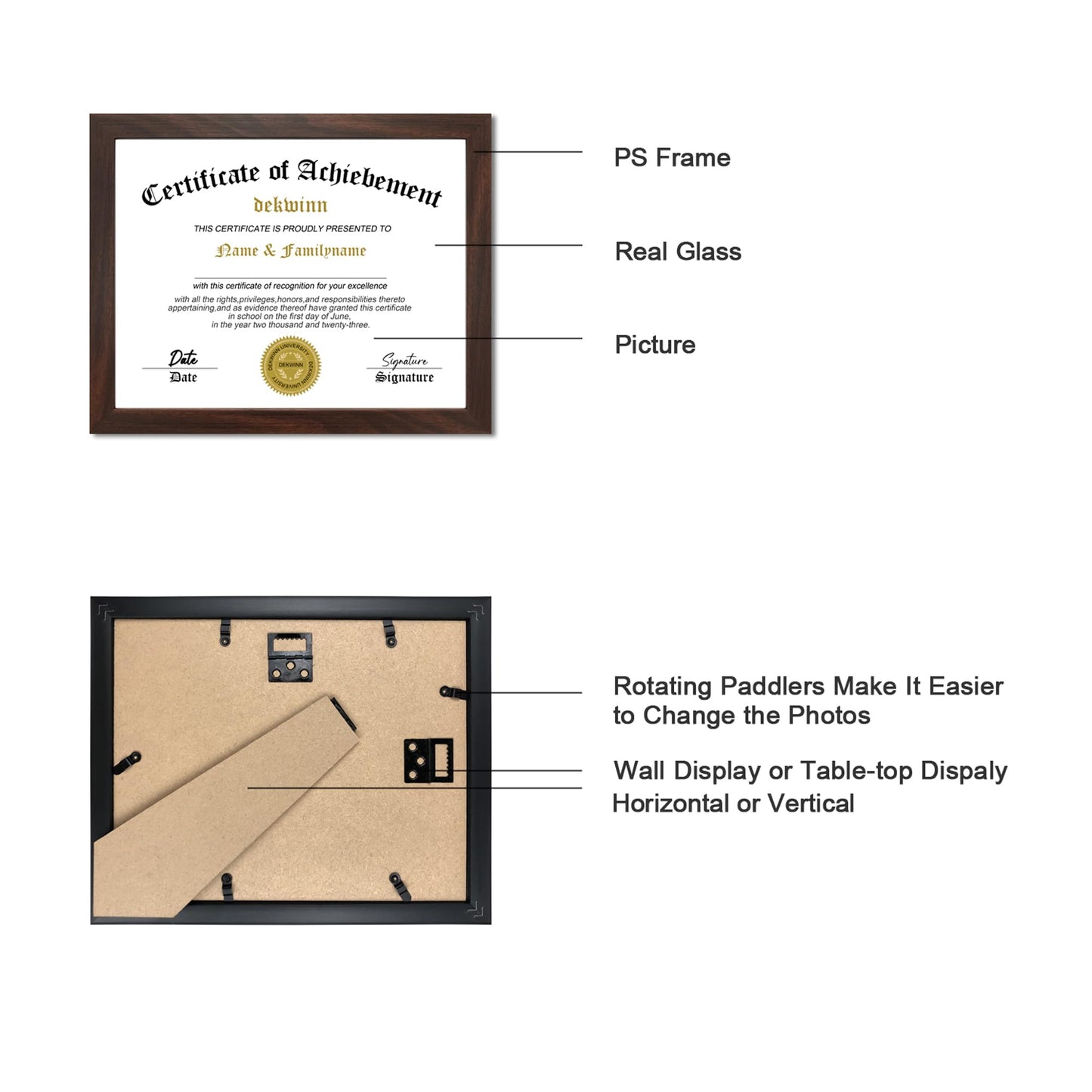 DEKWINN,8.5x11 Diploma Frame,1 Pack Certificate Document Frame with High Definition Glass,Picture Frame for Wall and Tabletop Display in Walnut