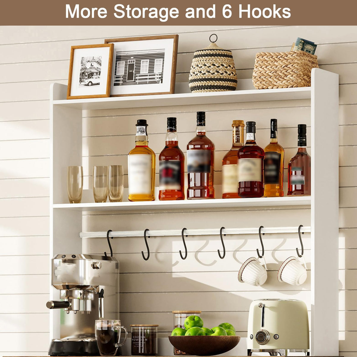 ChooChoo Farmhouse Bakers Rack with Power Outlets and Storage, Coffee Bar Cabinet with Storage, Microwave Stand Kitchen Cabinet with Hutch and 6 Hooks, Soft White & Brown