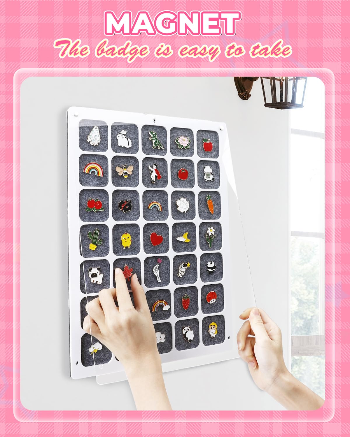 UCEC 35 Grids Clear Acrylic Pin Display Board & 50 PCS Rubber Pin Clutches, Enamel Pin Collection Display Case for Pin Holder, Badge Brooch Pins Organizer Board, Dust-Free Wall & Table Holder Display