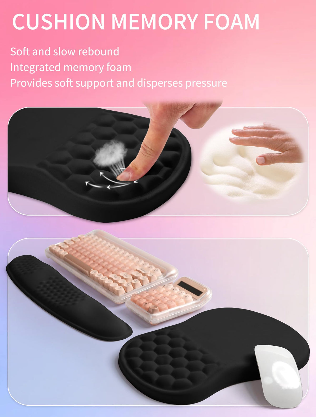 Hokafenle 2in1 Combination, Wave Keyboard Wrist Rest and Ergonomic Curvature Mouse Pad Wrist Support for Relieve Wrist Pain, Filled with Soft Cushion Memory Foam, Black