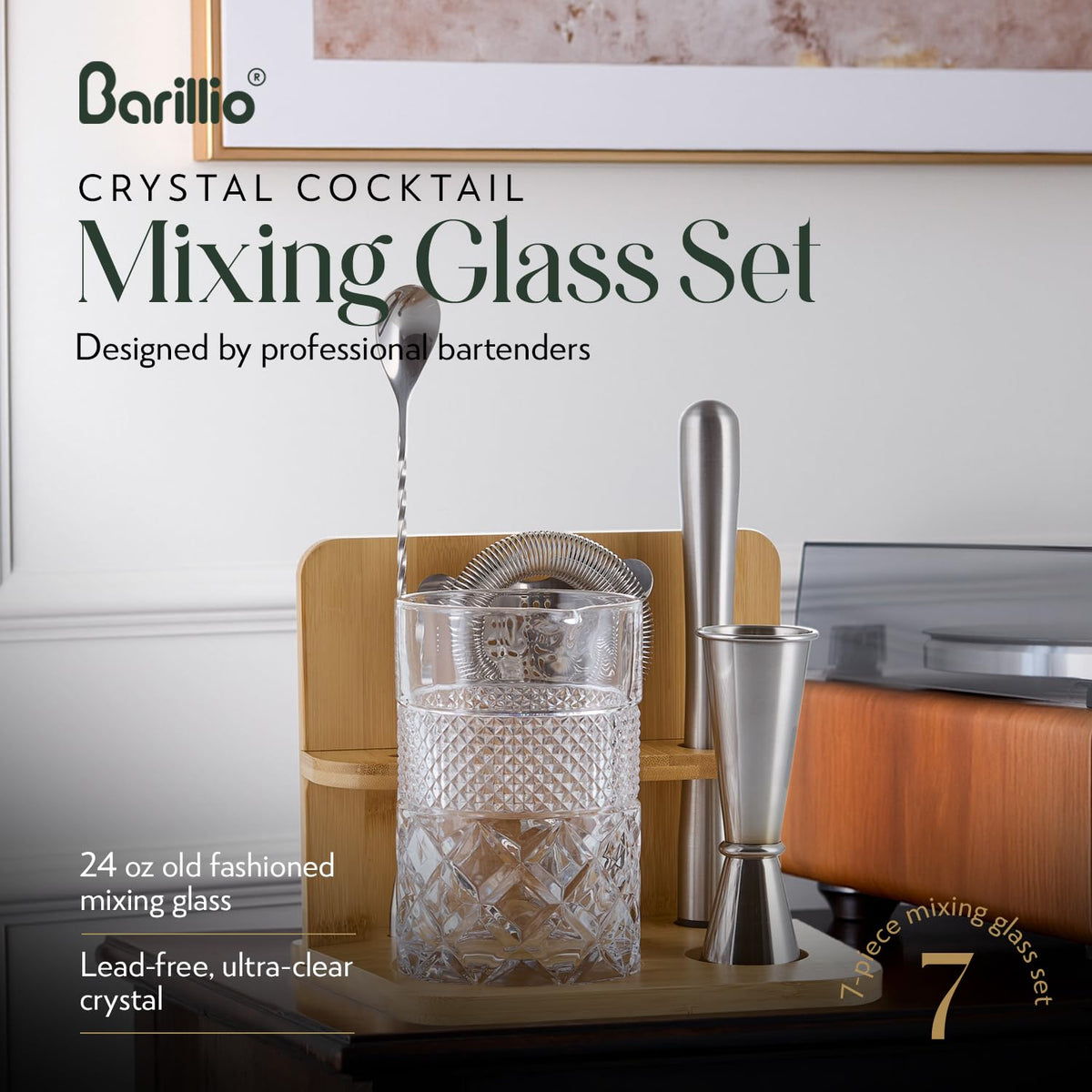 Barillio 24 Oz Crystal Cocktail Mixing Glass with Bamboo Stand & Bar Tools | Seamless Lead-Free Crystal, Weighted Base Stirring Pitcher | Including Muddler, Mixing Spoon, Jigger and Strainer