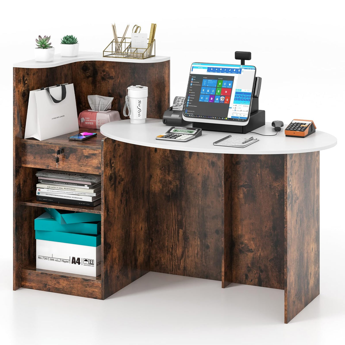Giantex Reception Desk, Front Counter Desk with Lockable Drawer, Oval Tabletop & Adjustable Shelf, Retail Register Stand, Checkout Table for Office Beauty Salon Reception Room (White & Rustic Brown)