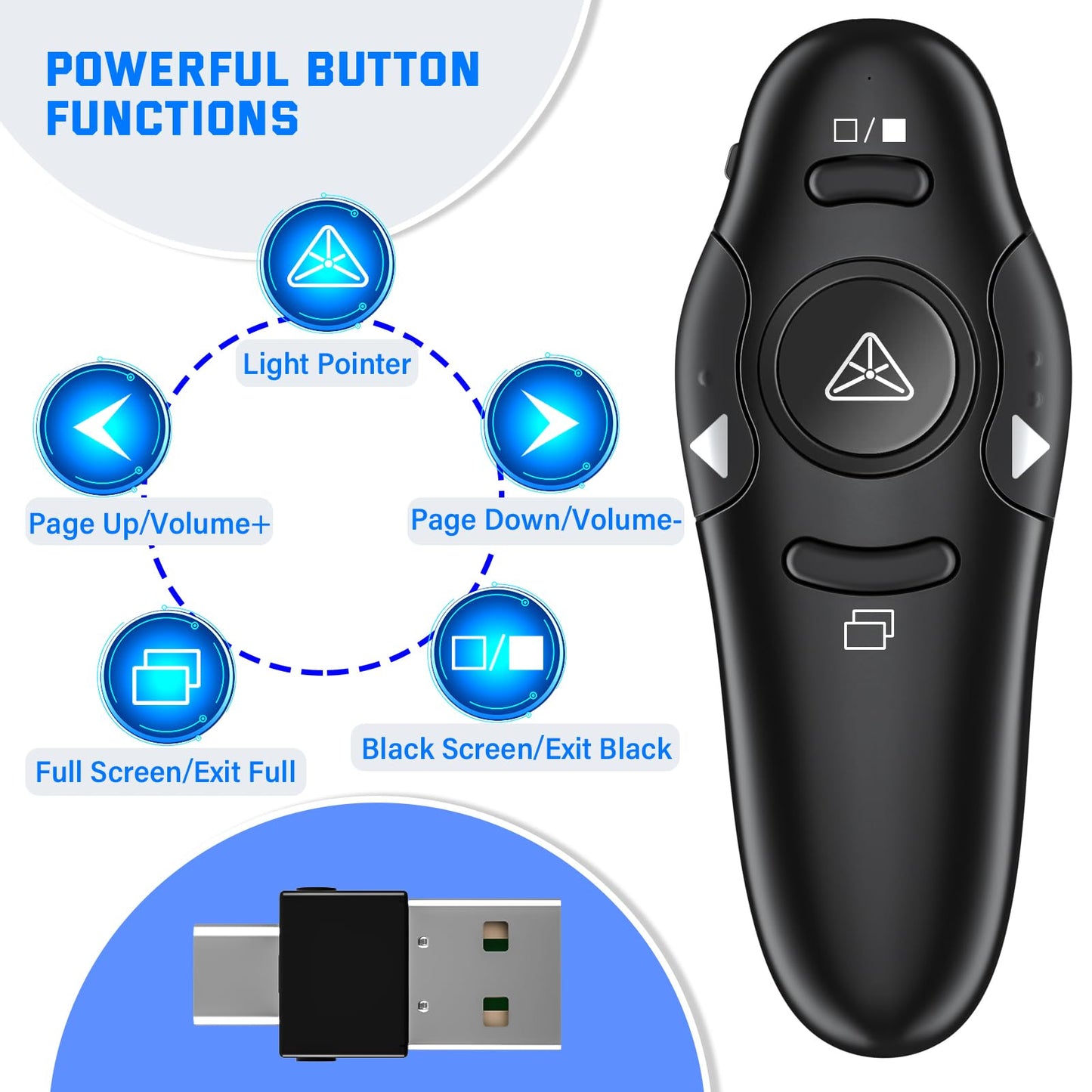 2-in-1 USB Type C Presentation Clicker Wireless Presenter Remote with Laser Pointer, RF 2.4GHz USB C PowerPoint Clicker Slide Advancer for Computer/Mac/Laptop