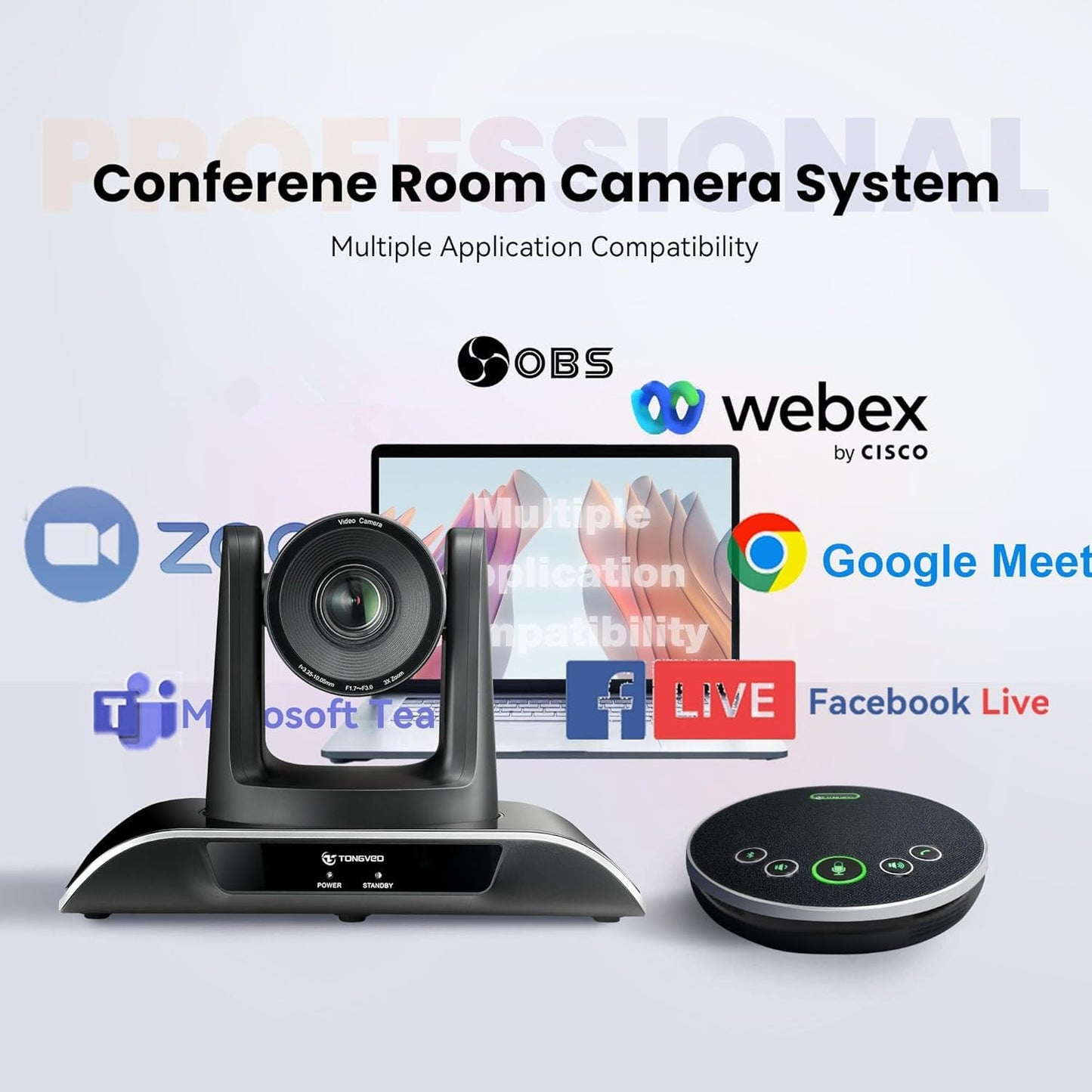 TONGVEO All-in-One Conference Room Video Camera System Al Auto-Tracking HD1080P 60fps 3X Optical Zoom USB3.0 HDMI PTZ Camera and Bluetooth Conference Speakerphone with Microphones