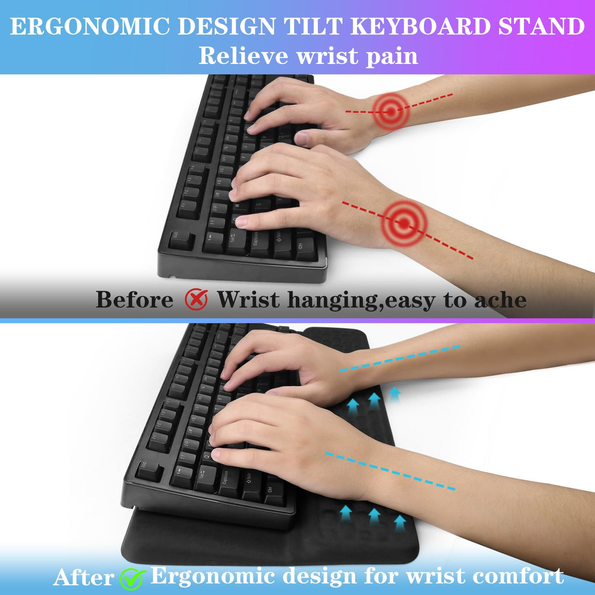 Computer Keyboard Stand Pad with Wrist Rest, Ergonomic Comfy Tilted Keyboard Stand Riser Holder Pad for Office Home (Black)