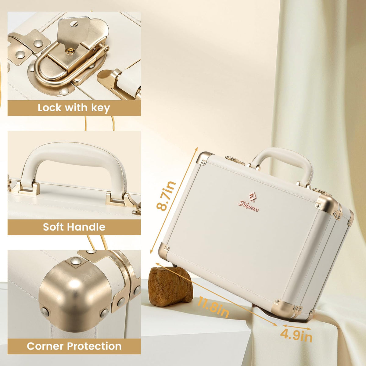 Faquenc Lighted Makeup Case with Detachable Tray, Beige Vegan Leather Makeup Box Rechargable 3-Color LED Mirror, Travel Train Case Makeup Bag Organizer with Champagne Alloy