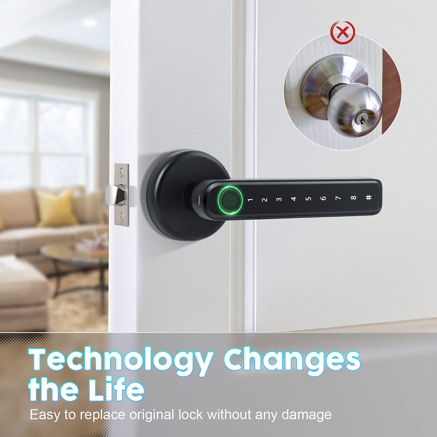 IRONZON Fingerprint Door Handle for Bedrooms - 191F 3-in-1 Fingerprint Door Lock with Keypad, Fingerprint Door Knob for Bedroom with Key, Keyless Entry Door Handle - Black