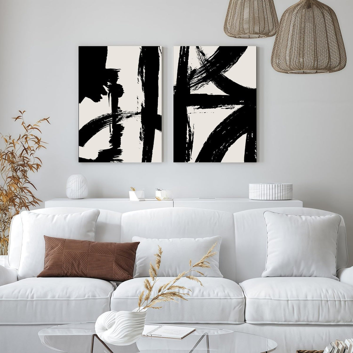 2Pcs Framed Abstract Black and White Canvas Wall Art Minimalist Brushstroke Line Prints Modern Home Gallery Style Painting Posters Picture Bedroom Living Room Office 16x24 Inch Ready to Hang