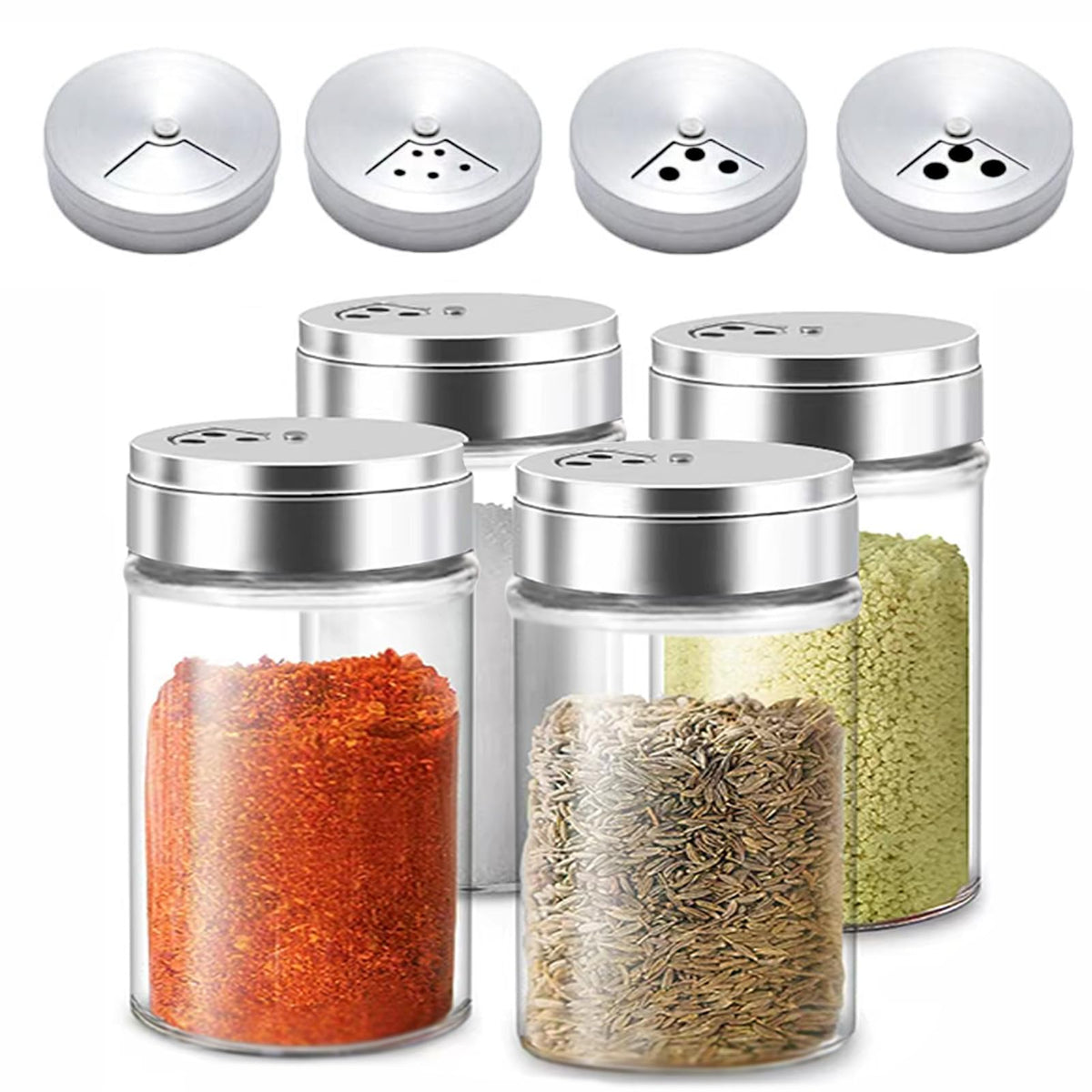 4pcs Salt and Pepper Shakers Set, Salt Shaker and Pepper Shaker with Adjustable Pour Holes, Pepper and Salt Container with Stainless Steel Lid,Glass Salt and Pepper Shakers,Spice Shaker for Kitchen